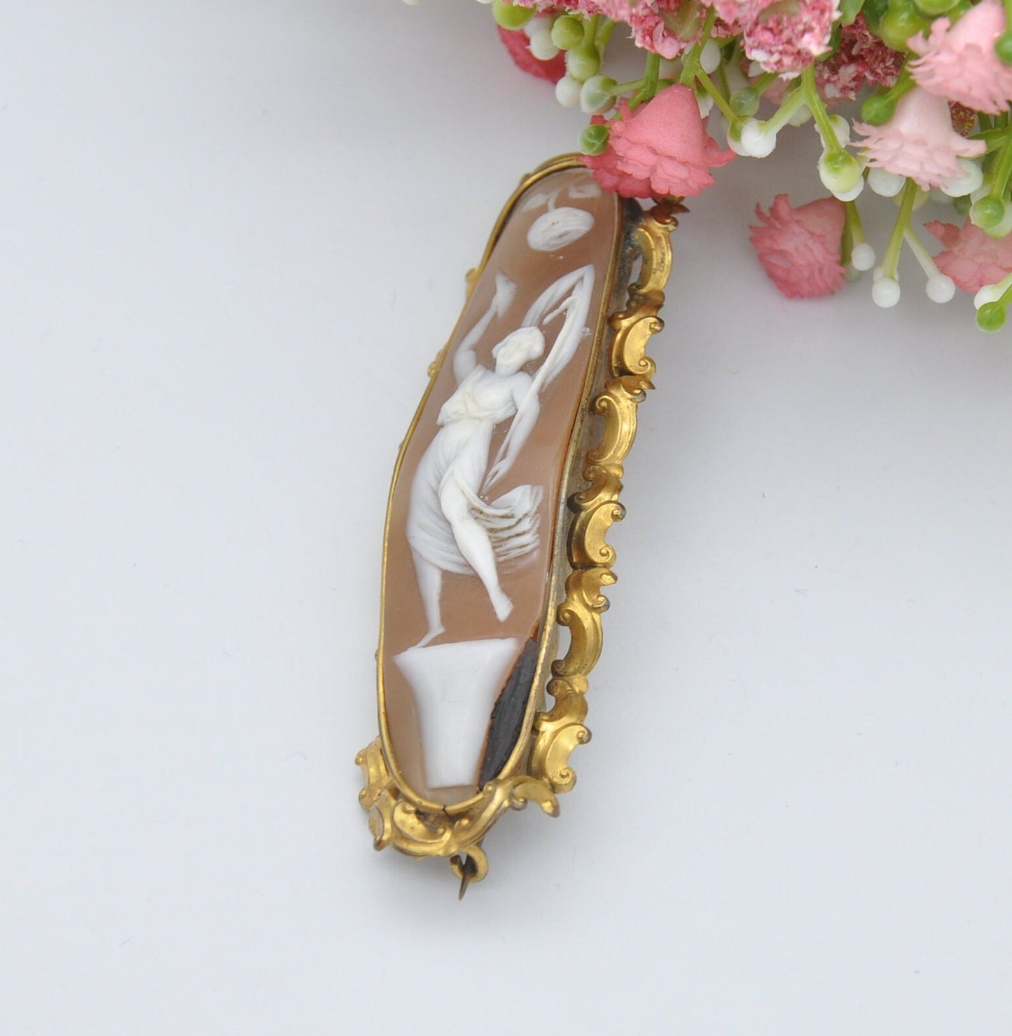 Unusual Antique Pinchbeck Cameo Brooch - Long Carved Cameo | Classical Roman Scene | Rose Crescent Moon | Figure on a Podium | Horn Repair