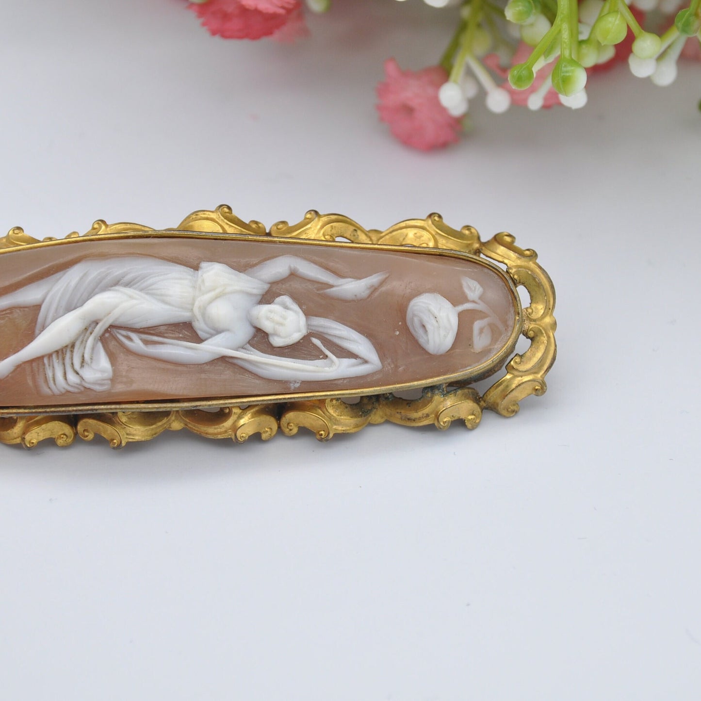 Unusual Antique Pinchbeck Cameo Brooch - Long Carved Cameo | Classical Roman Scene | Rose Crescent Moon | Figure on a Podium | Horn Repair