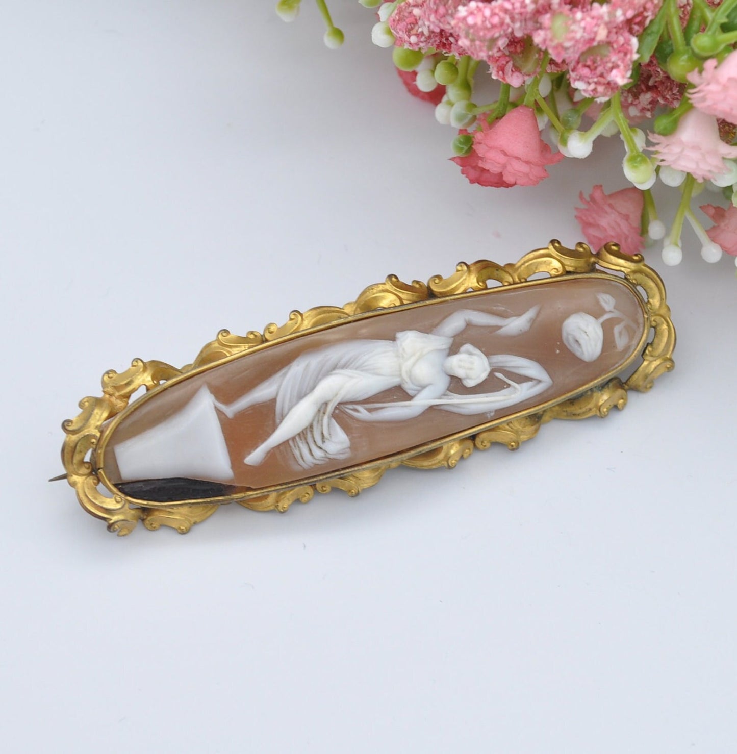 Unusual Antique Pinchbeck Cameo Brooch - Long Carved Cameo | Classical Roman Scene | Rose Crescent Moon | Figure on a Podium | Horn Repair