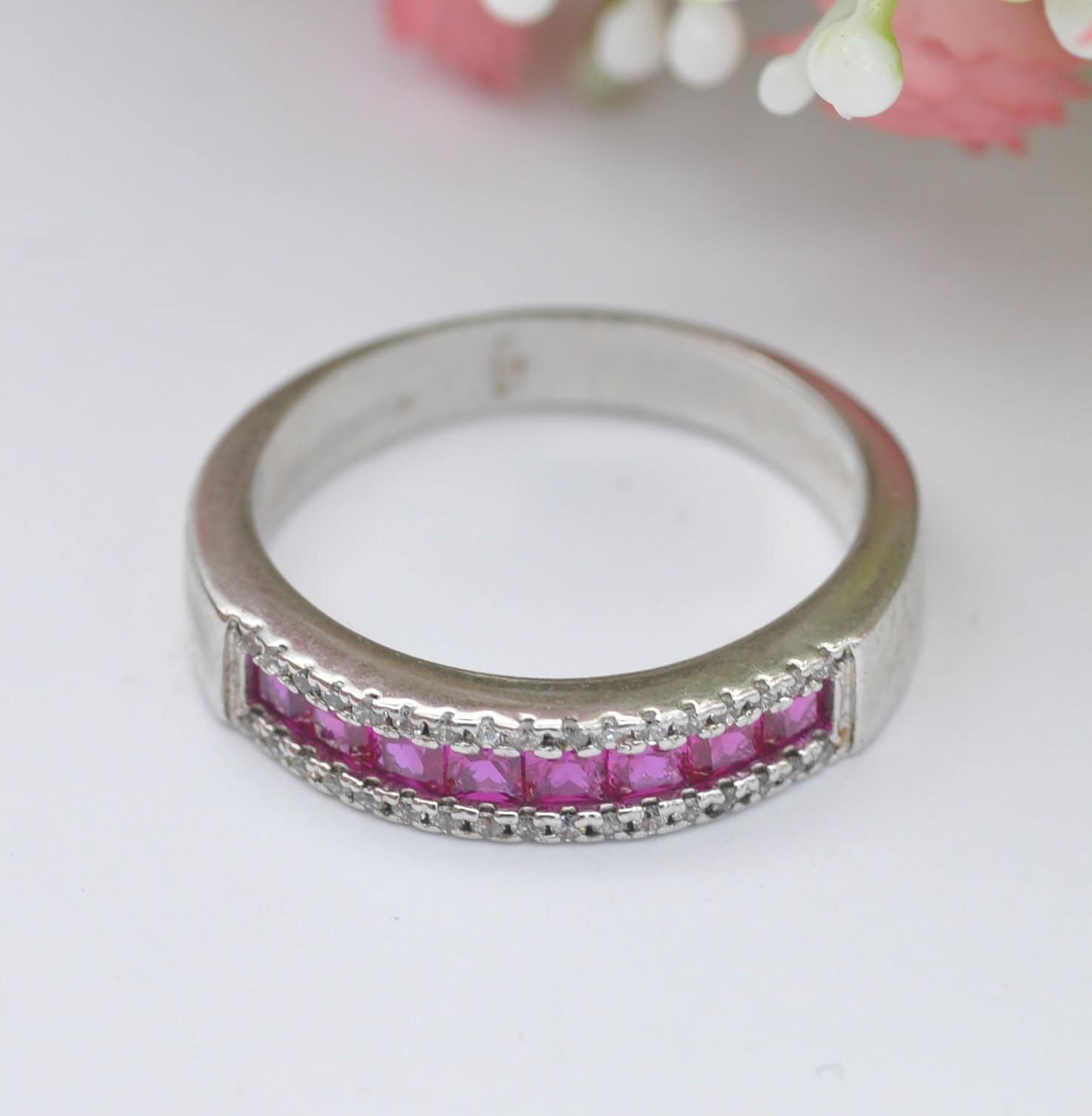 Sterling Silver Ruby Diamond Half Eternity Ring with Channel Set Gemstones - UK Size - R 1/2 | US Size - 9