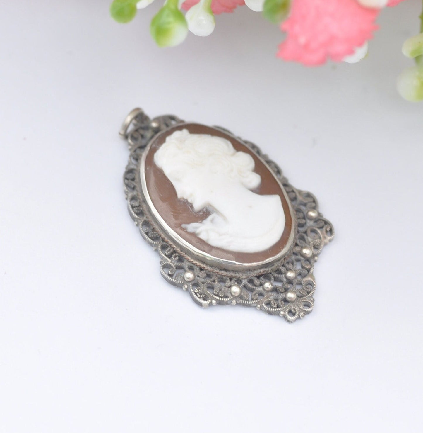 Vintage Sterling Silver Filigree Cameo Pendant Necklace - Raised Classical Profile Portrait | Hand Carved Face