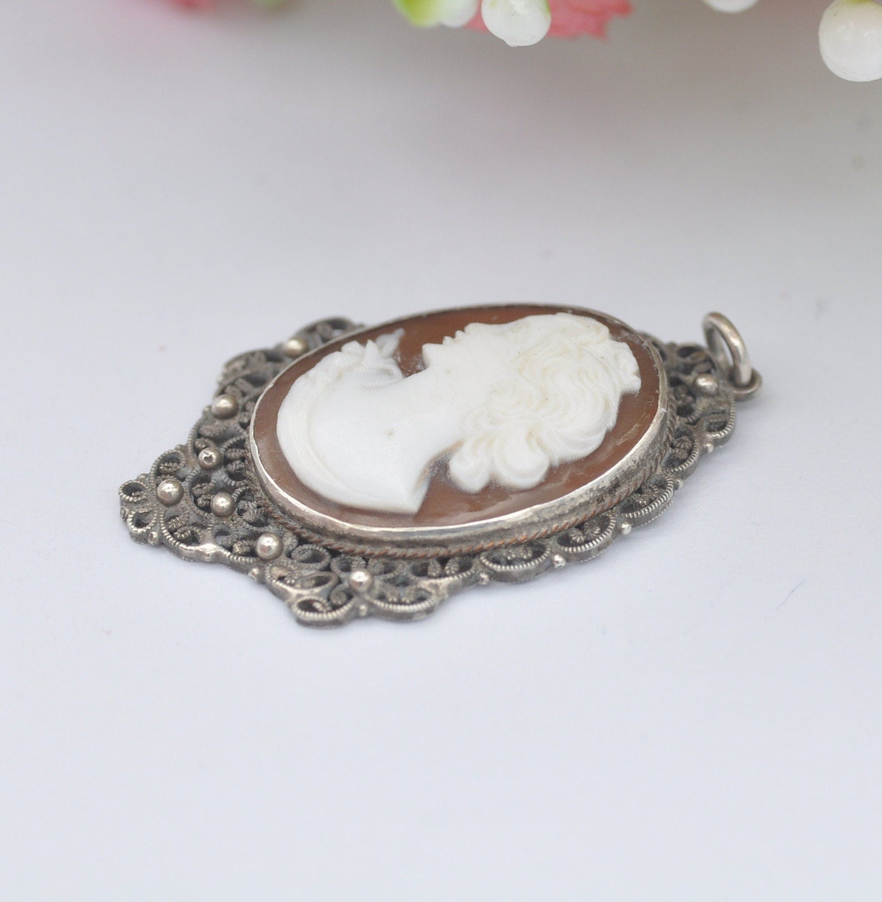 Vintage Sterling Silver Filigree Cameo Pendant Necklace - Raised Classical Profile Portrait | Hand Carved Face