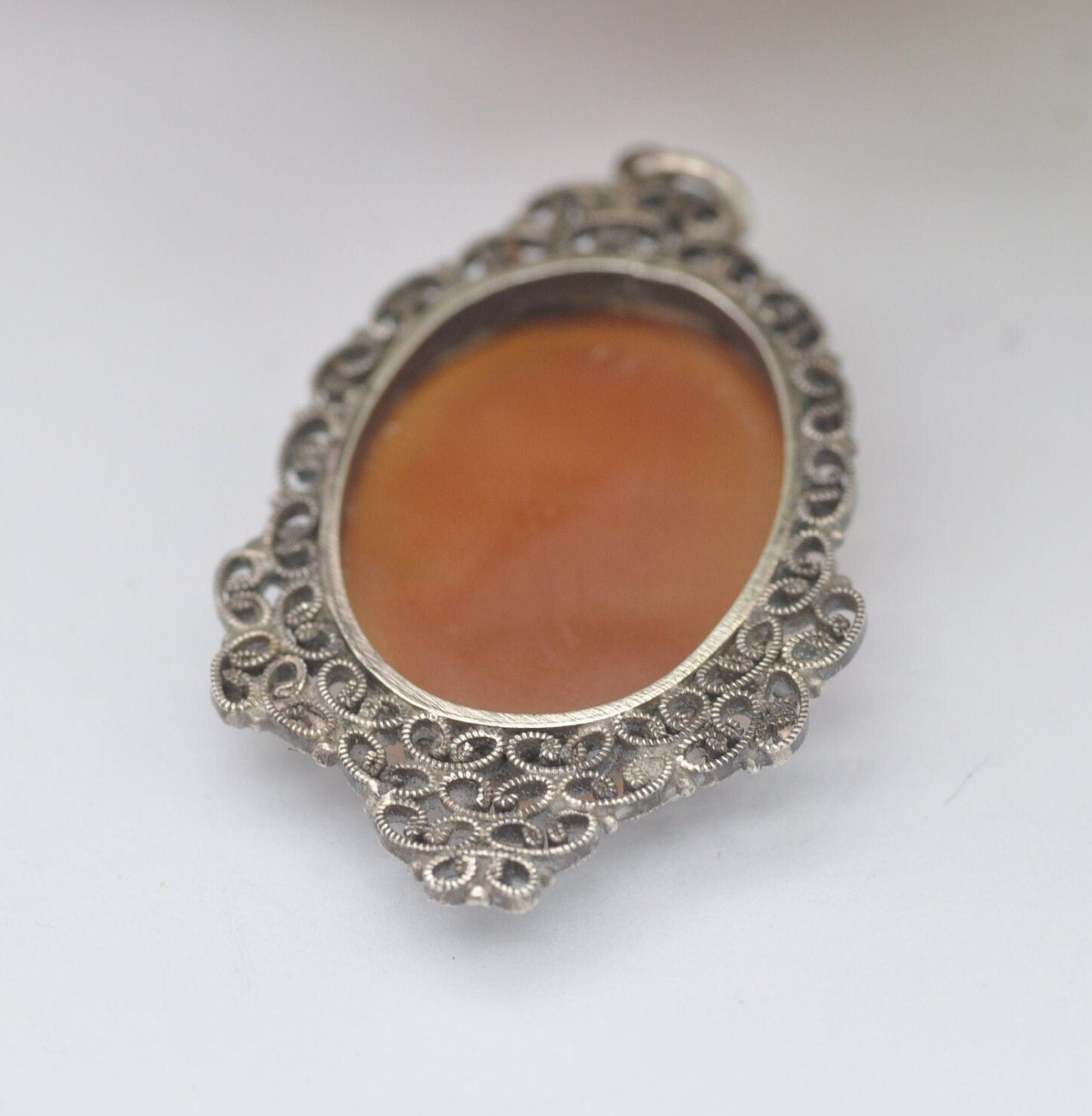 Vintage Sterling Silver Filigree Cameo Pendant Necklace - Raised Classical Profile Portrait | Hand Carved Face
