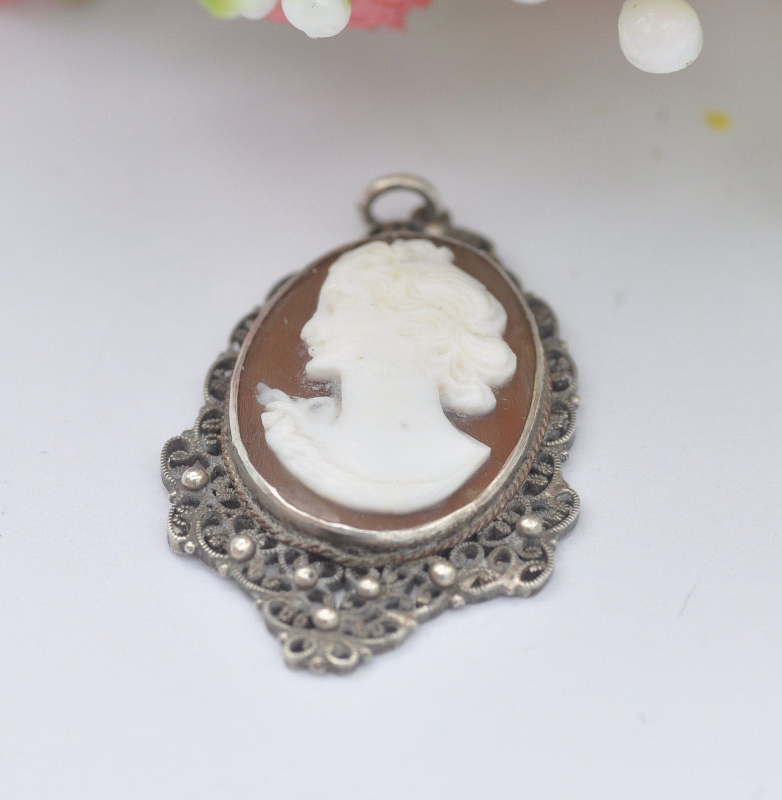 Vintage Sterling Silver Filigree Cameo Pendant Necklace - Raised Classical Profile Portrait | Hand Carved Face