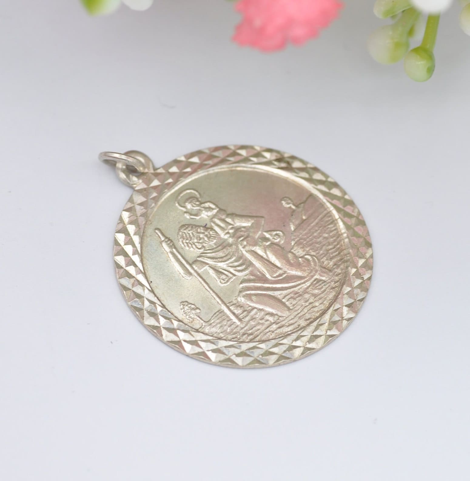 Vintage Sterling Silver St. Christopher Charm Pendant - Large Circle | Mid-Century | Diamond Cut Edge