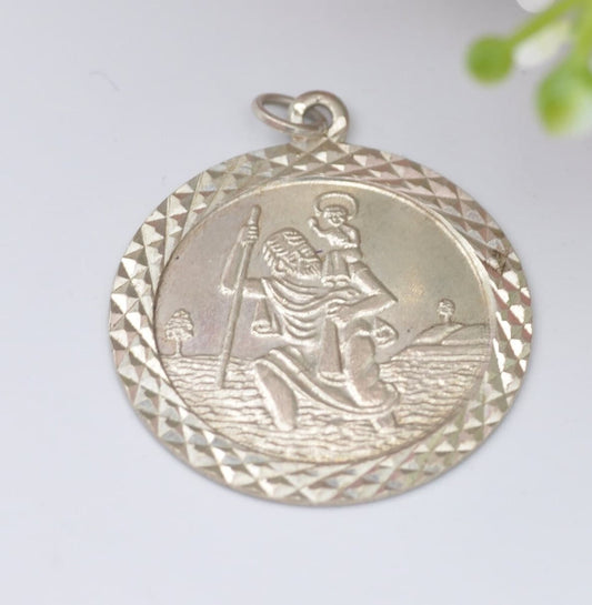 Vintage Sterling Silver St. Christopher Charm Pendant - Large Circle | Mid-Century | Diamond Cut Edge