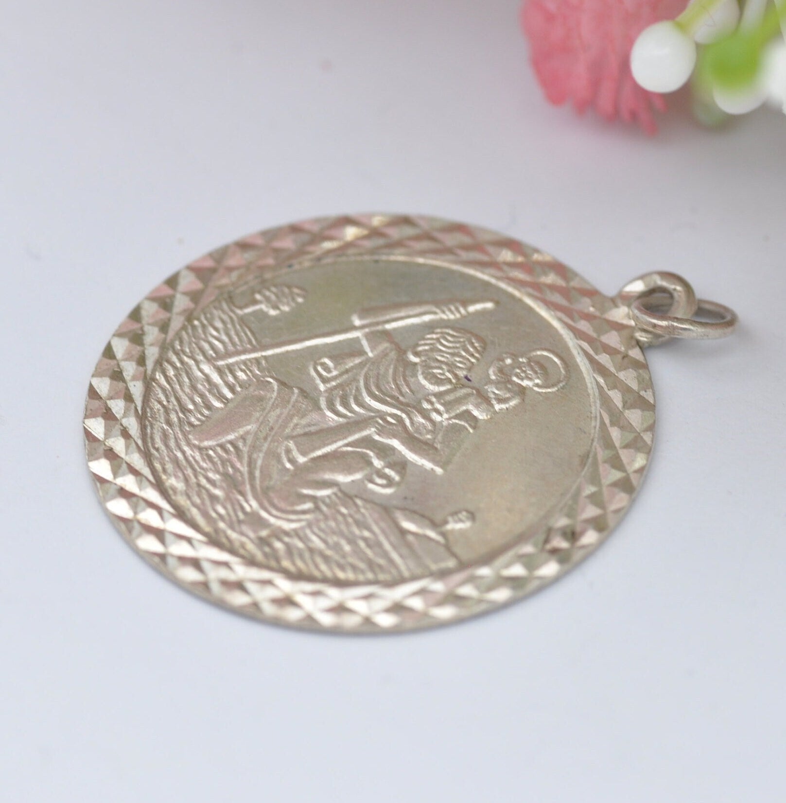 Vintage Sterling Silver St. Christopher Charm Pendant - Large Circle | Mid-Century | Diamond Cut Edge