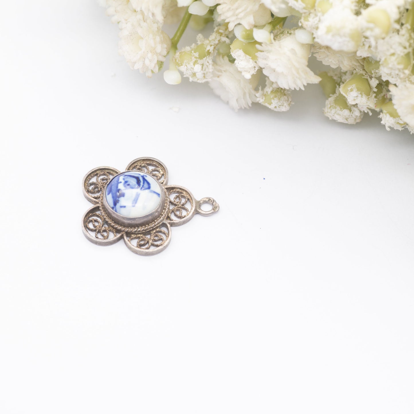 Vintage Dutch Silver Blue Delft Windmill Pendant - Filigree Flower | 835 Silver | Netherlands Souvenir