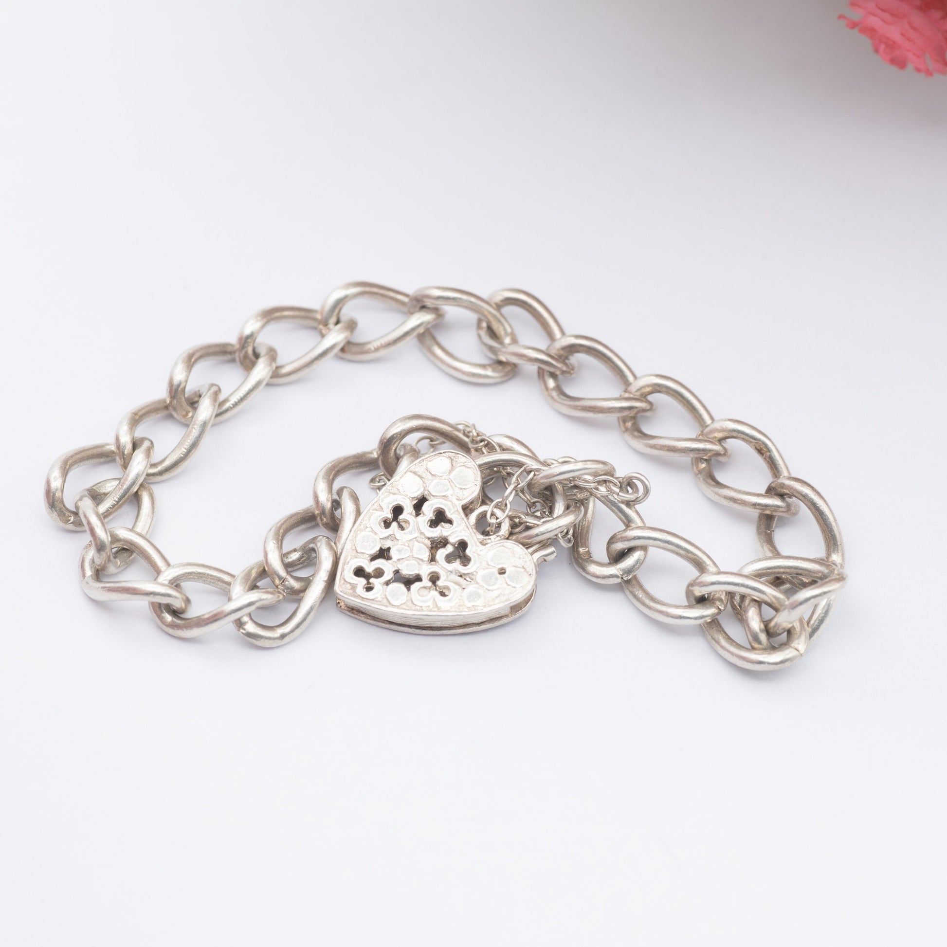 Vintage Sterling Silver Heart Padlock Clasp Chain Bracelet 1973 - Ornate Openwork Heart | Chunky Curb Links with Safety Chain