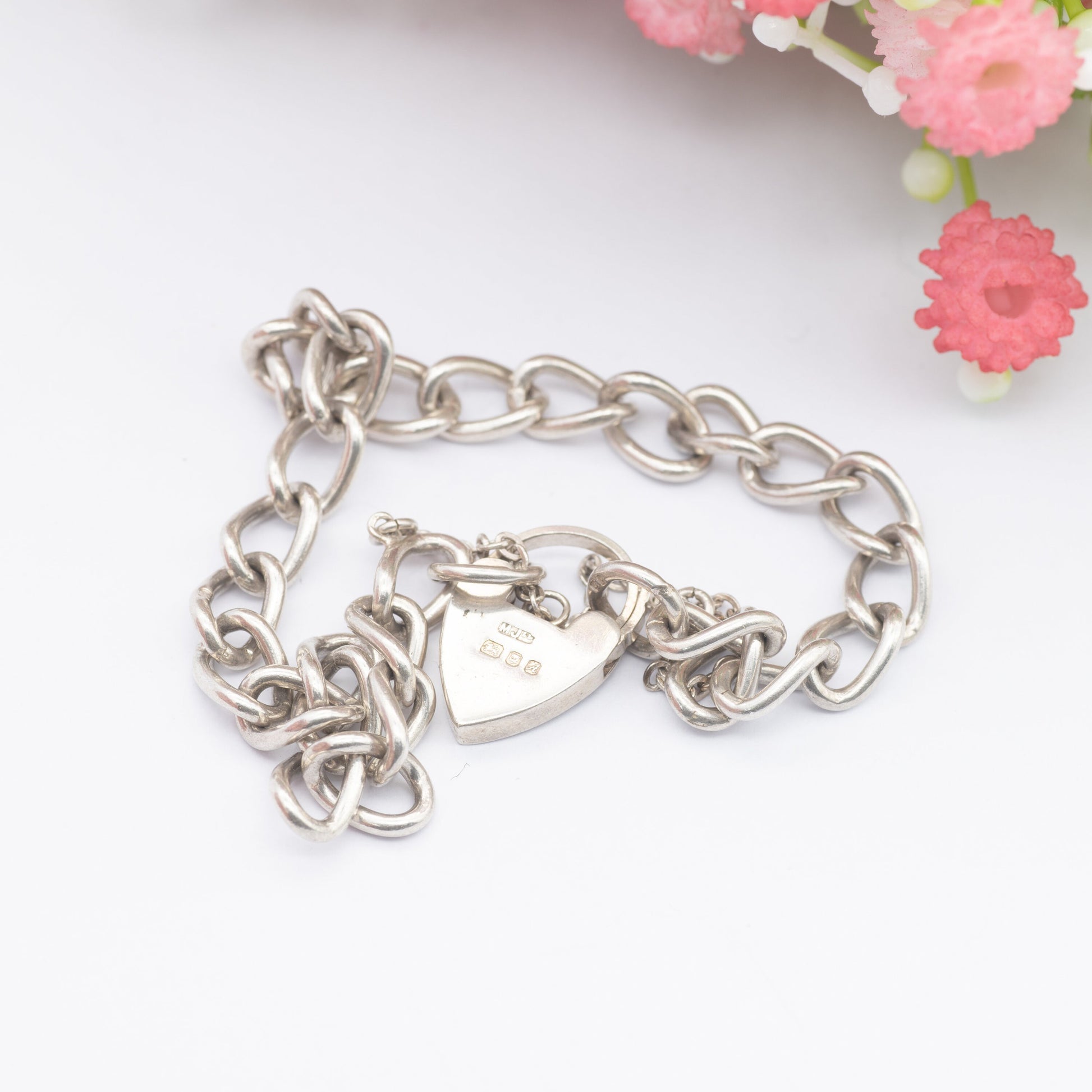 Vintage Sterling Silver Heart Padlock Clasp Chain Bracelet 1975 - Chunky Curb Links with Safety Chain