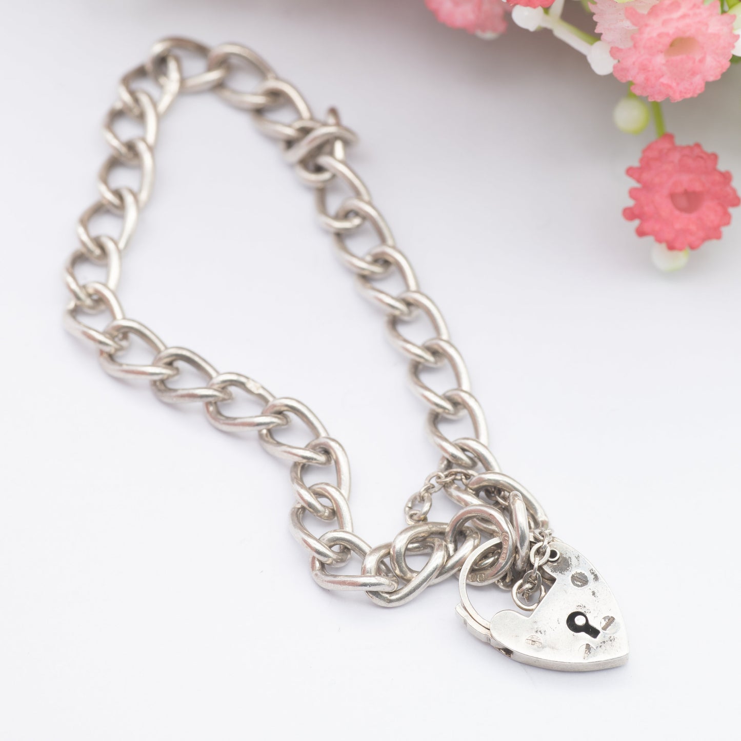 Vintage Sterling Silver Heart Padlock Clasp Chain Bracelet 1975 - Chunky Curb Links with Safety Chain