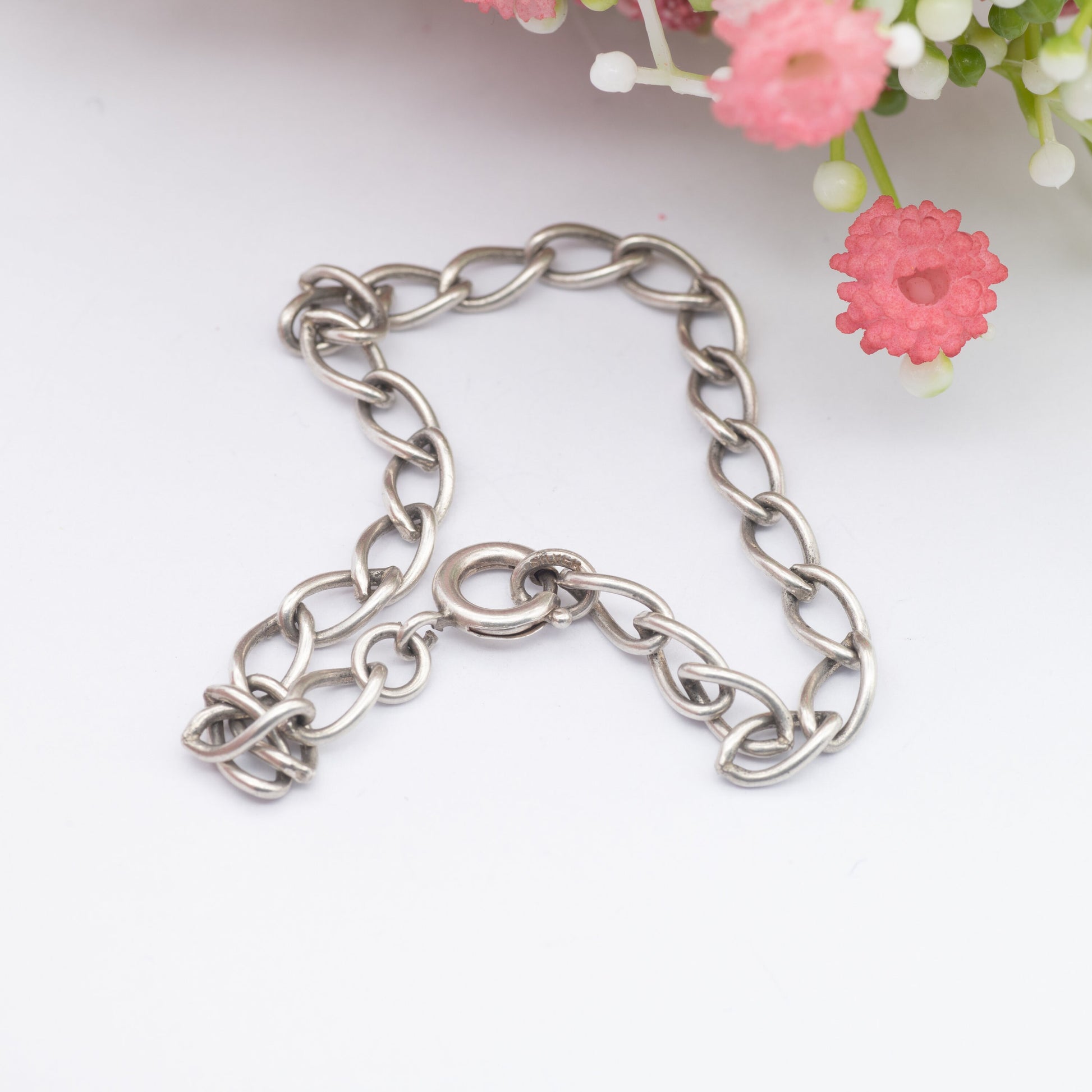 Vintage Sterling Silver Chain Bracelet - Long Curb Links | Charm Bracelet