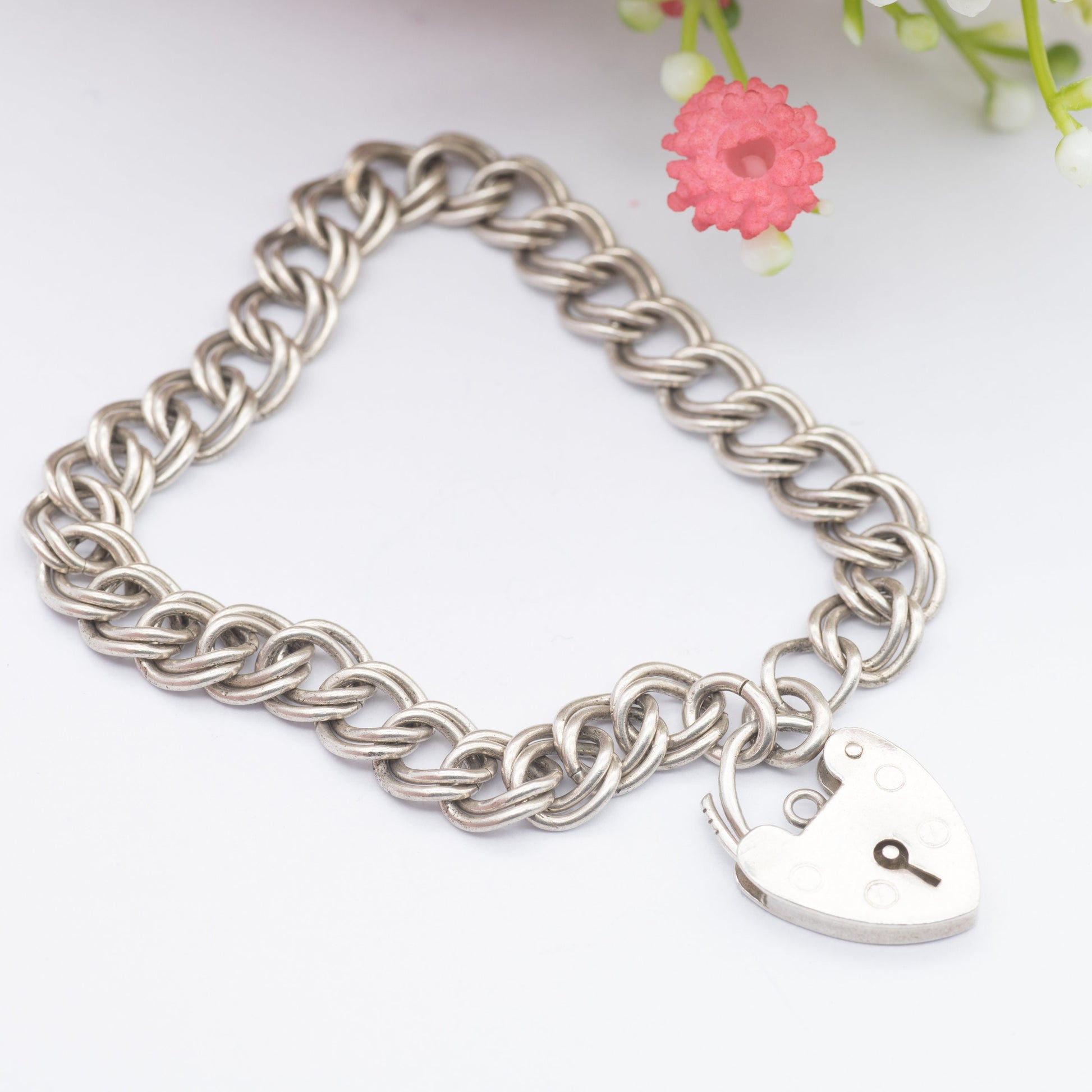 Vintage Sterling Silver Heart Padlock Clasp Chain Bracelet - Chunky Double Curb Links