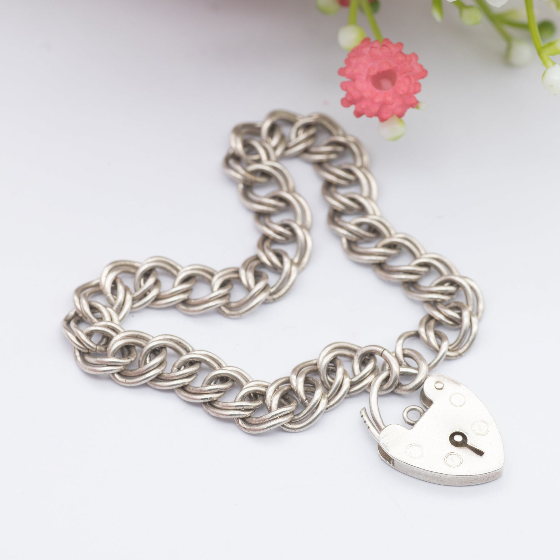 Vintage Sterling Silver Heart Padlock Clasp Chain Bracelet - Chunky Double Curb Links
