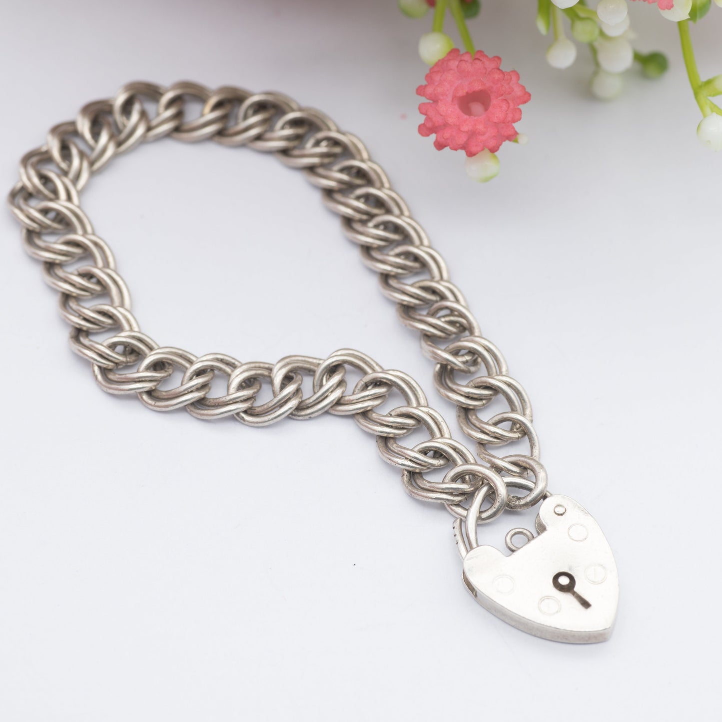 Vintage Sterling Silver Heart Padlock Clasp Chain Bracelet - Chunky Double Curb Links