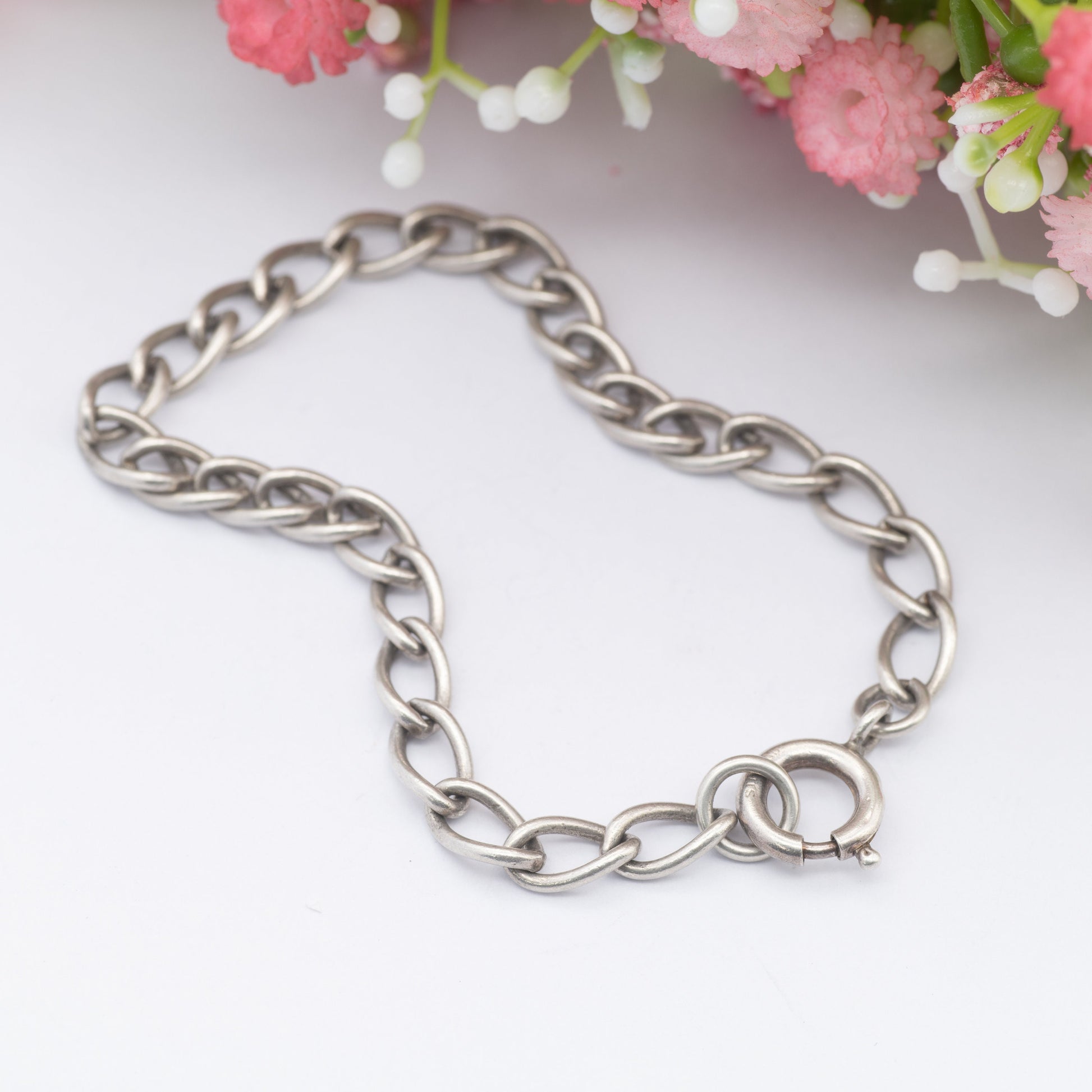 Vintage Sterling Silver Chain Bracelet - Oval Curb Links | Charm Bracelet