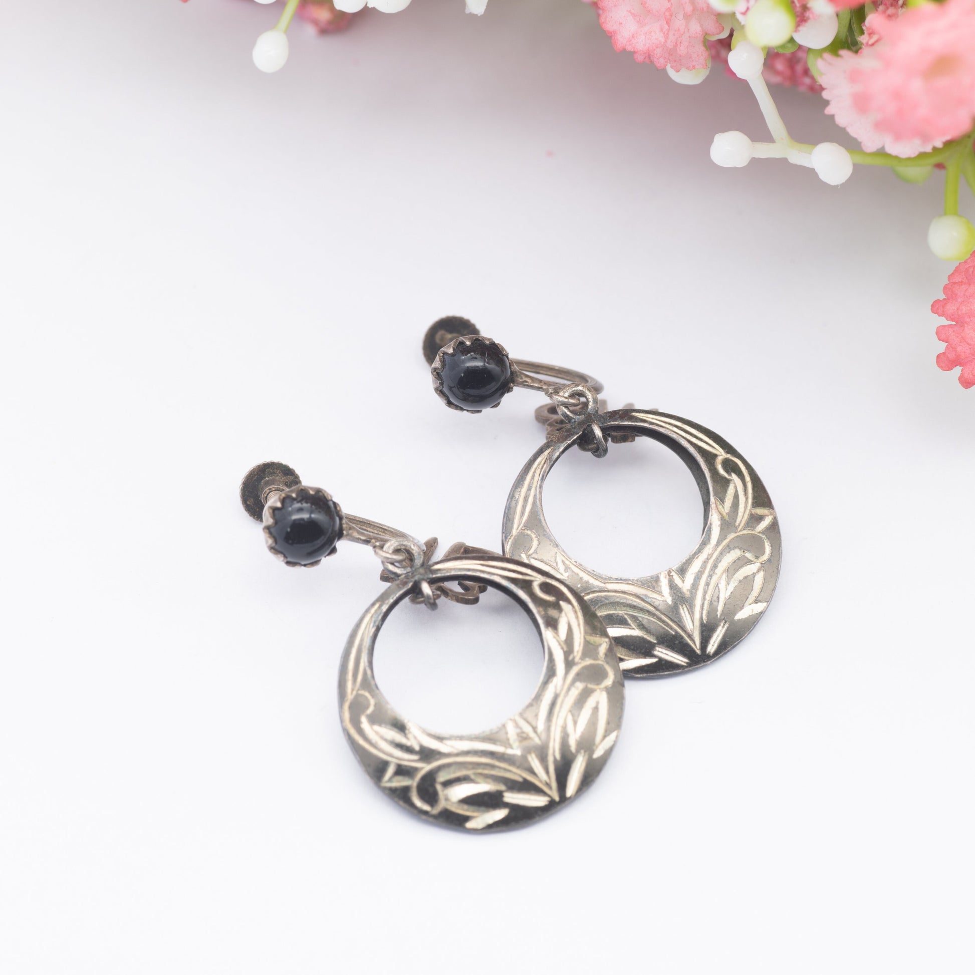 Vintage Sterling Silver Chinese Niello Fu Screw Back Drop Earrings - Good Luck Symbol | Chinese New Year | Unusual Earrings