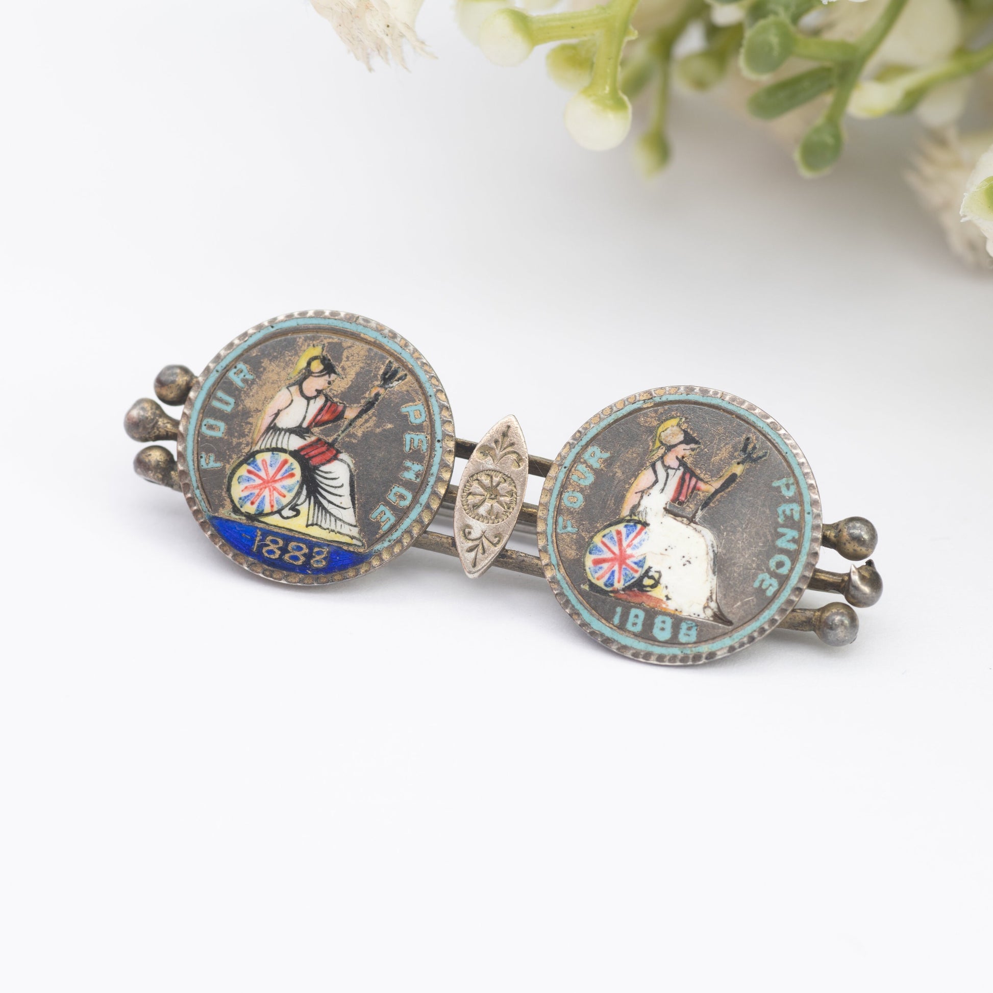 Antique 1888 Silver Victorian Fourpence Coin Brooch - Enamel Coin Jewellery | Hand Painted Britannia | Colonial Issue Groat