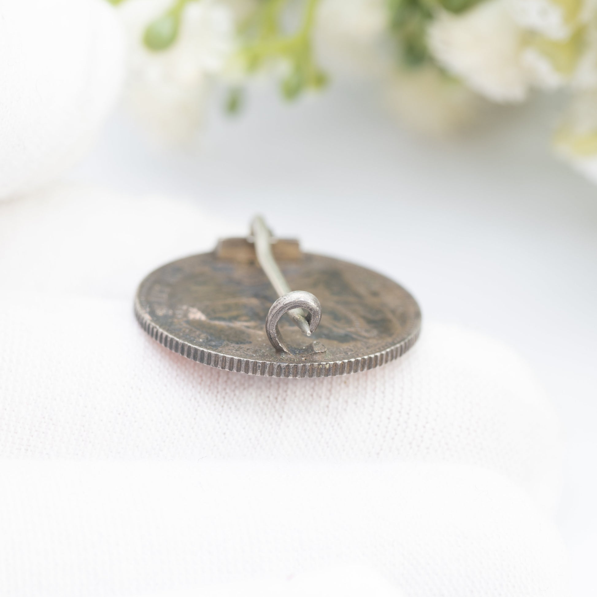 Antique Silver 1893 Victoria One Shilling Coin Brooch - Enamel Coin Jewellery