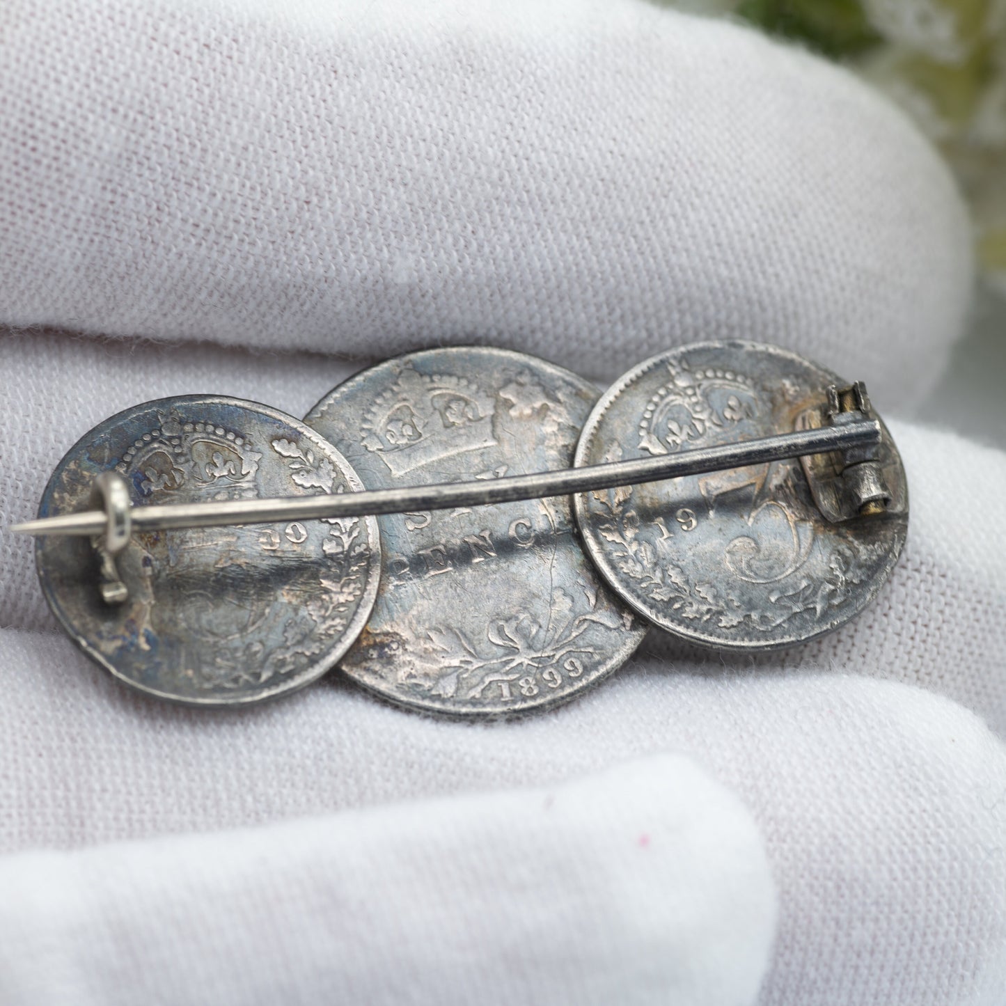 Antique Sterling Silver Victoria Coin Brooch with Three Coins - 1899 Six Pence | 1900 Threepence | Old Head