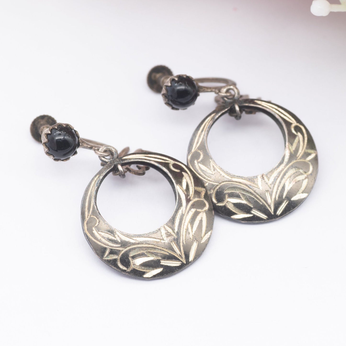 Vintage Sterling Silver Chinese Niello Fu Screw Back Drop Earrings - Good Luck Symbol | Chinese New Year | Unusual Earrings