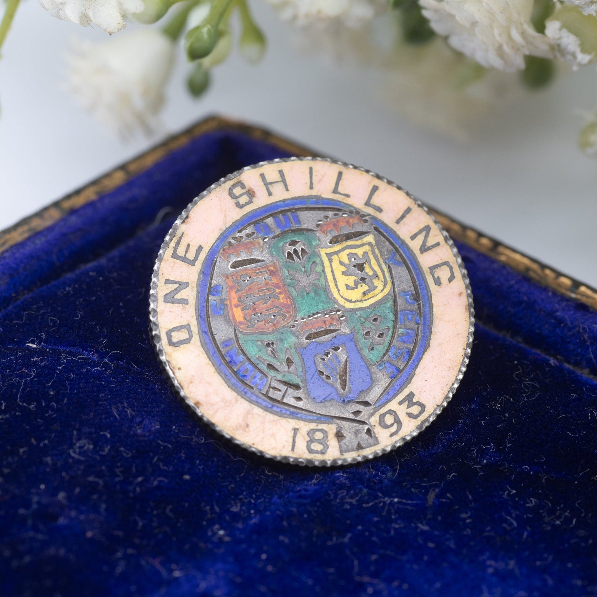 Antique Silver 1893 Victoria One Shilling Coin Brooch - Enamel Coin Jewellery