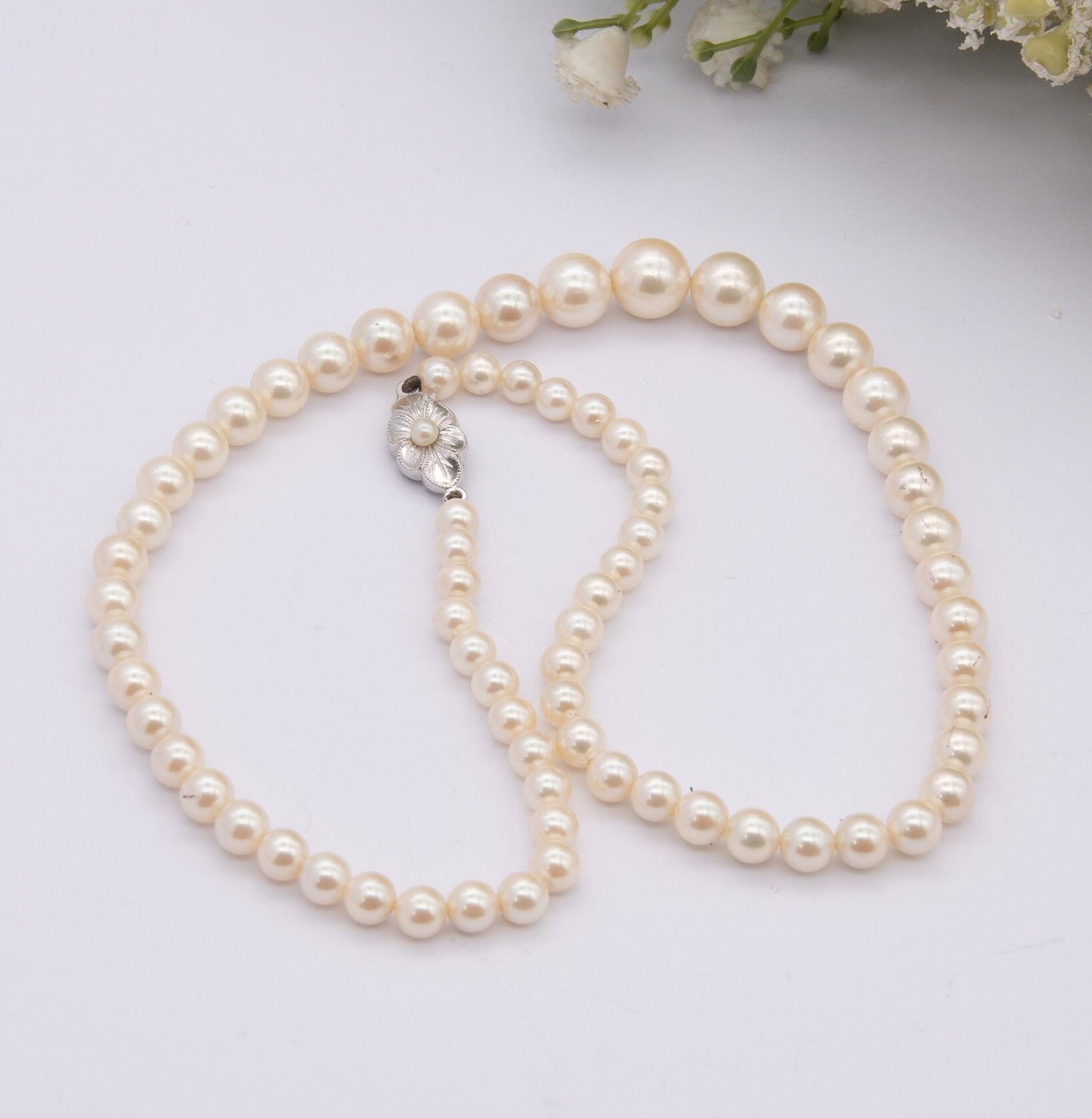 Vintage Sterling Silver Clasp Imitation Pearl Graduated Necklace - Quality Jewellery | JKa K��hle Germany Clasp | Choker Length 16.5" 41cm