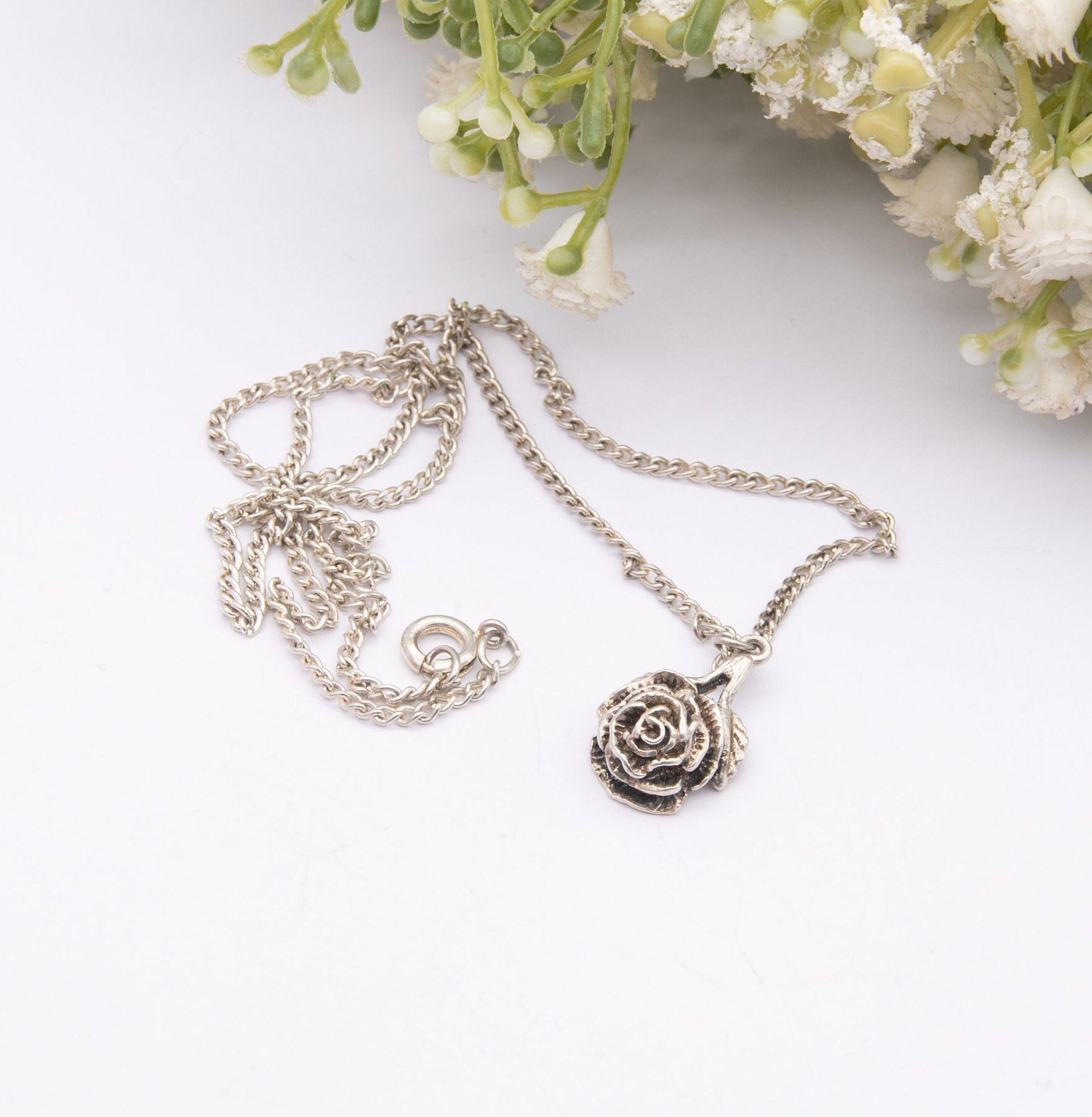 Vintage Silver Rose Flower Pendant Necklace by P & R Bushell 1977 - Gift for Her | Realistic Floral Drop