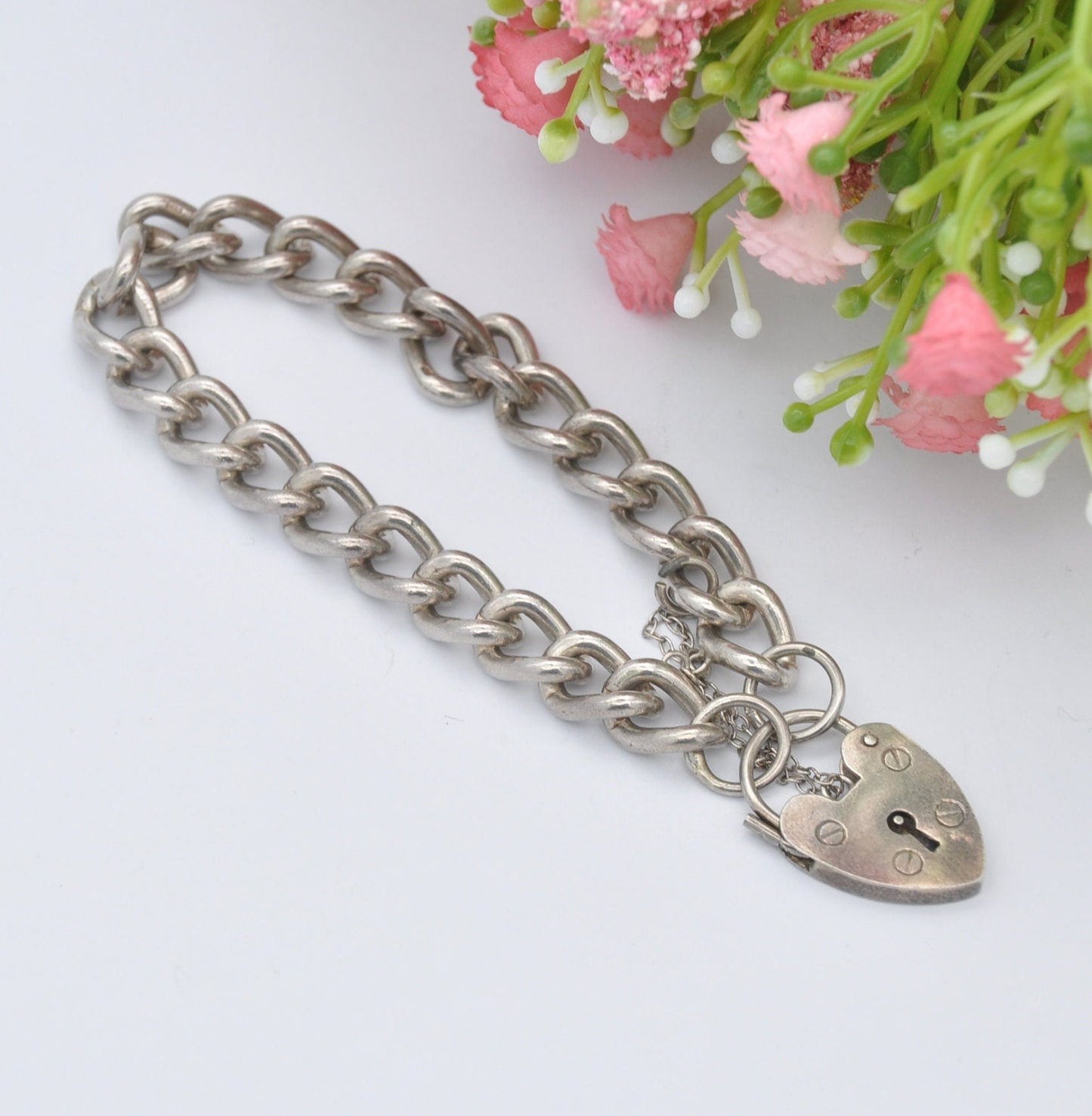 Vintage Sterling Silver Heart Padlock Clasp Chain Bracelet 1976 - Chunky Curb Link with Safety Chain