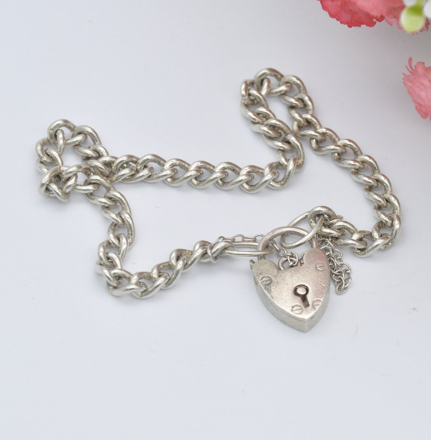 Vintage Sterling Silver Heart Padlock Clasp Chain Bracelet 1957 - Small Curb Links with Safety Chain