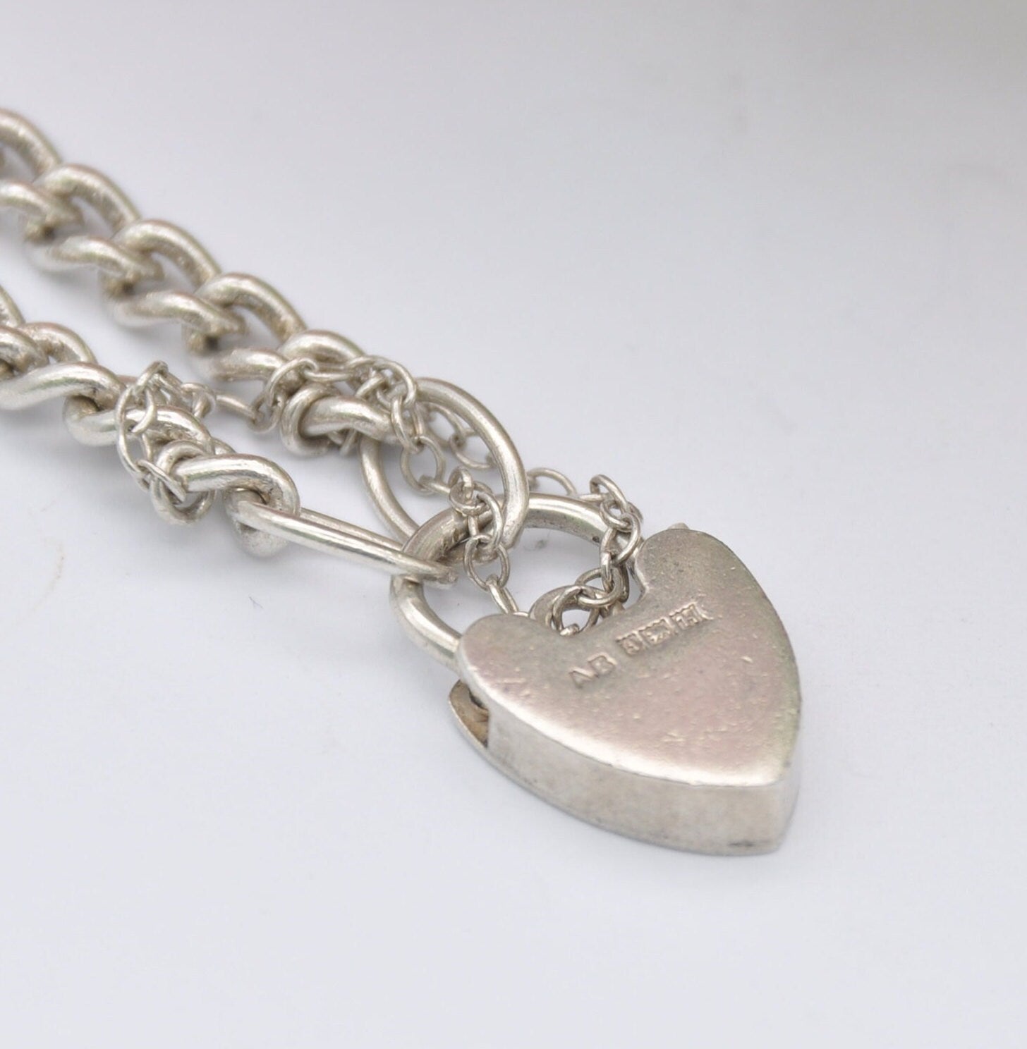 Vintage Sterling Silver Heart Padlock Clasp Chain Bracelet 1957 - Small Curb Links with Safety Chain