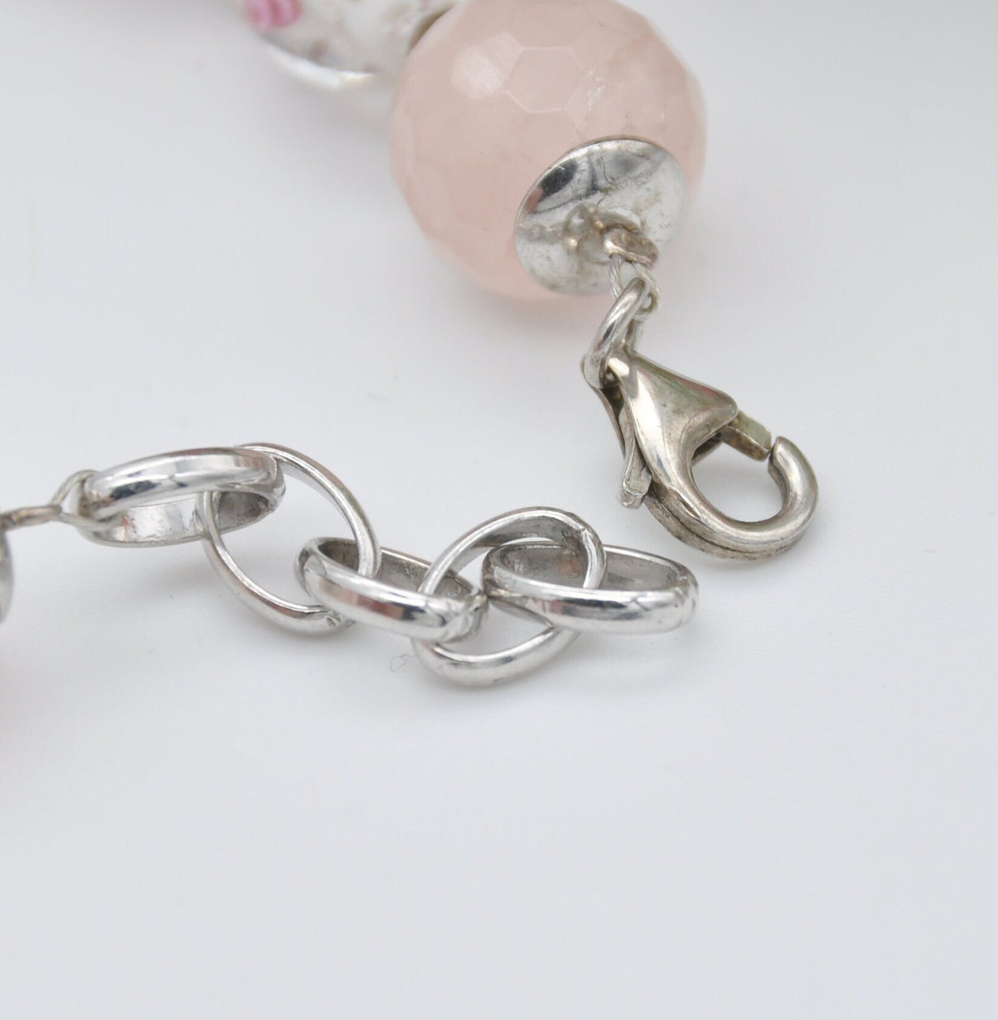 Rose Quartz and Glass Bead Necklace with Sterling Silver Clasp - Faceted Gemstone Beads | Pink Swirled Roses