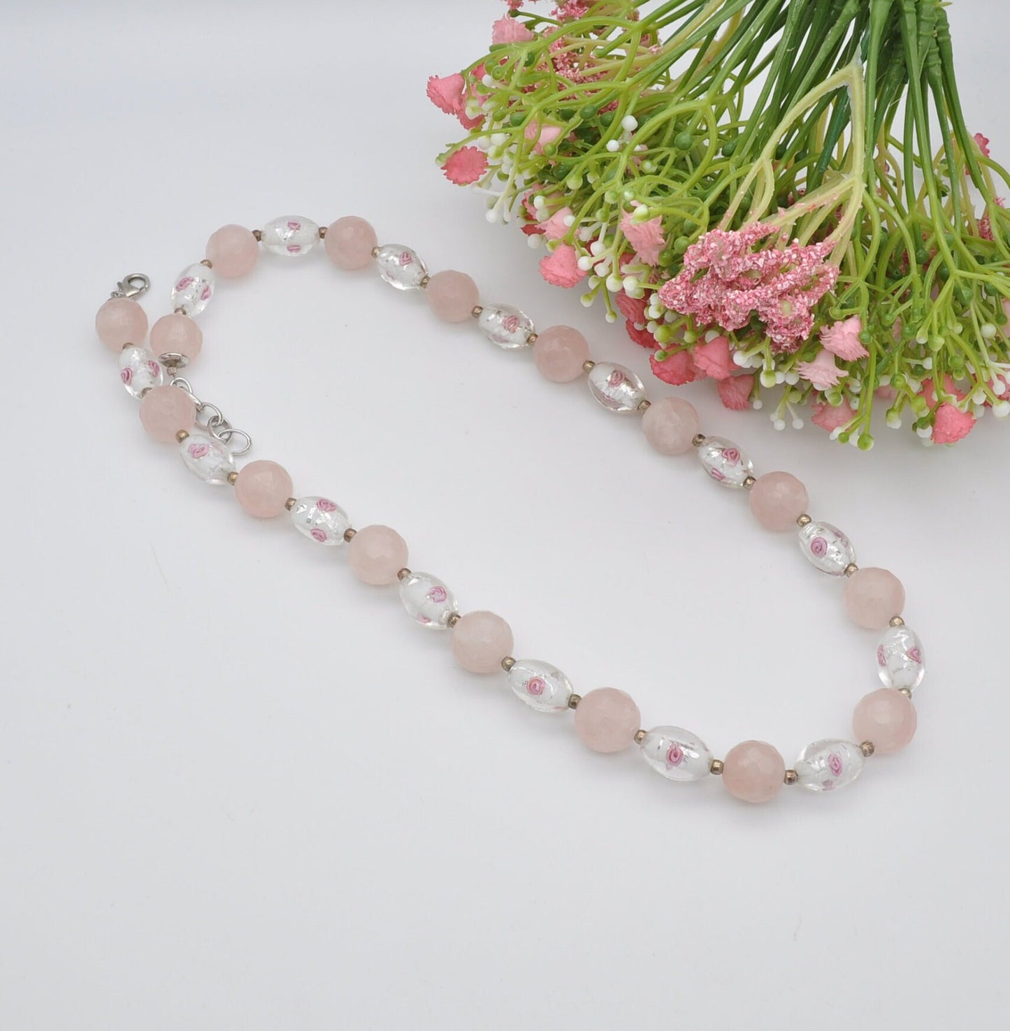 Rose Quartz and Glass Bead Necklace with Sterling Silver Clasp - Faceted Gemstone Beads | Pink Swirled Roses