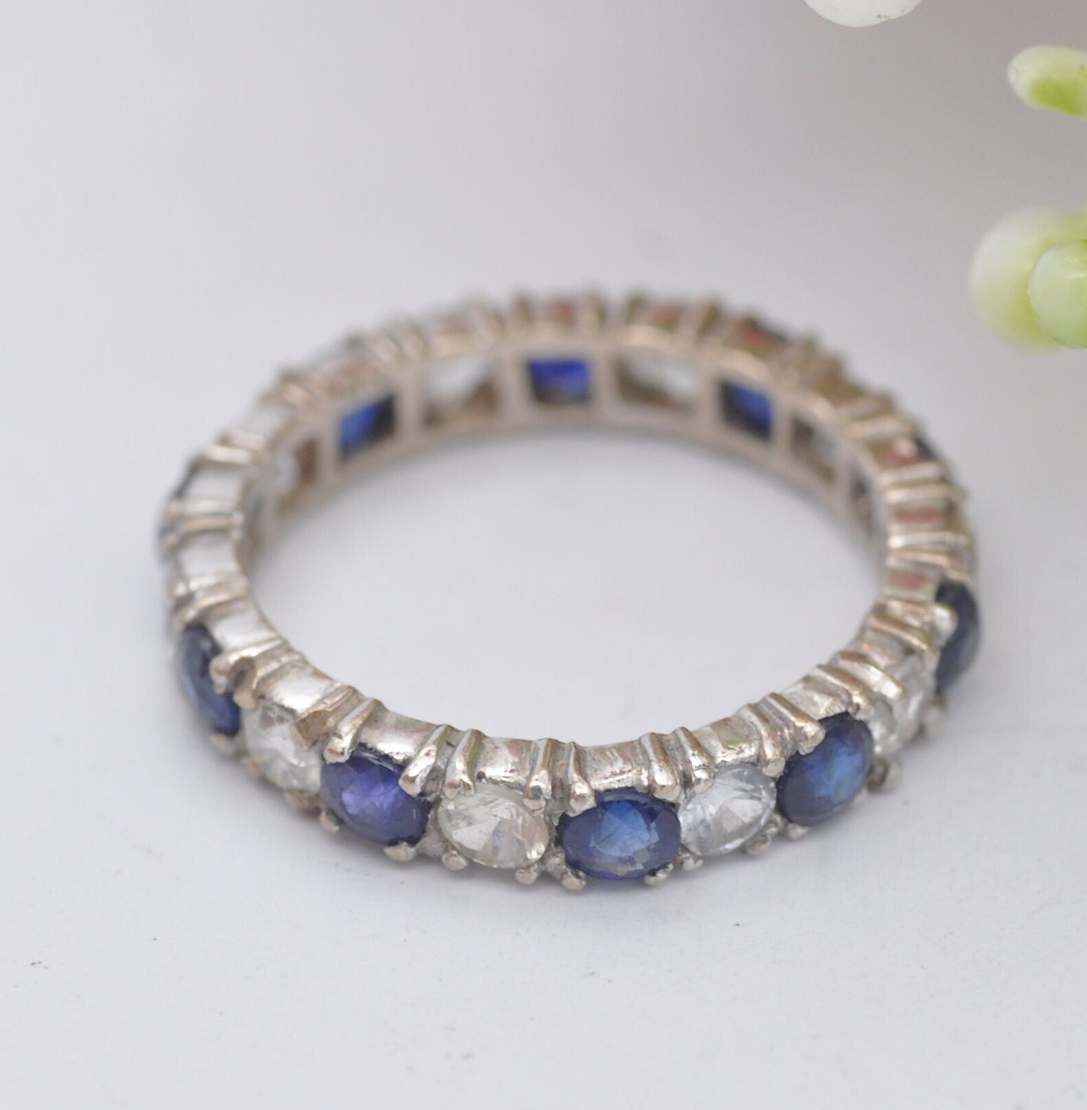 Vintage 18ct White Gold Sapphire and White Stone Eternity Ring - Large Stones | UK Size - P 1/2 | US Size - 7 3/4