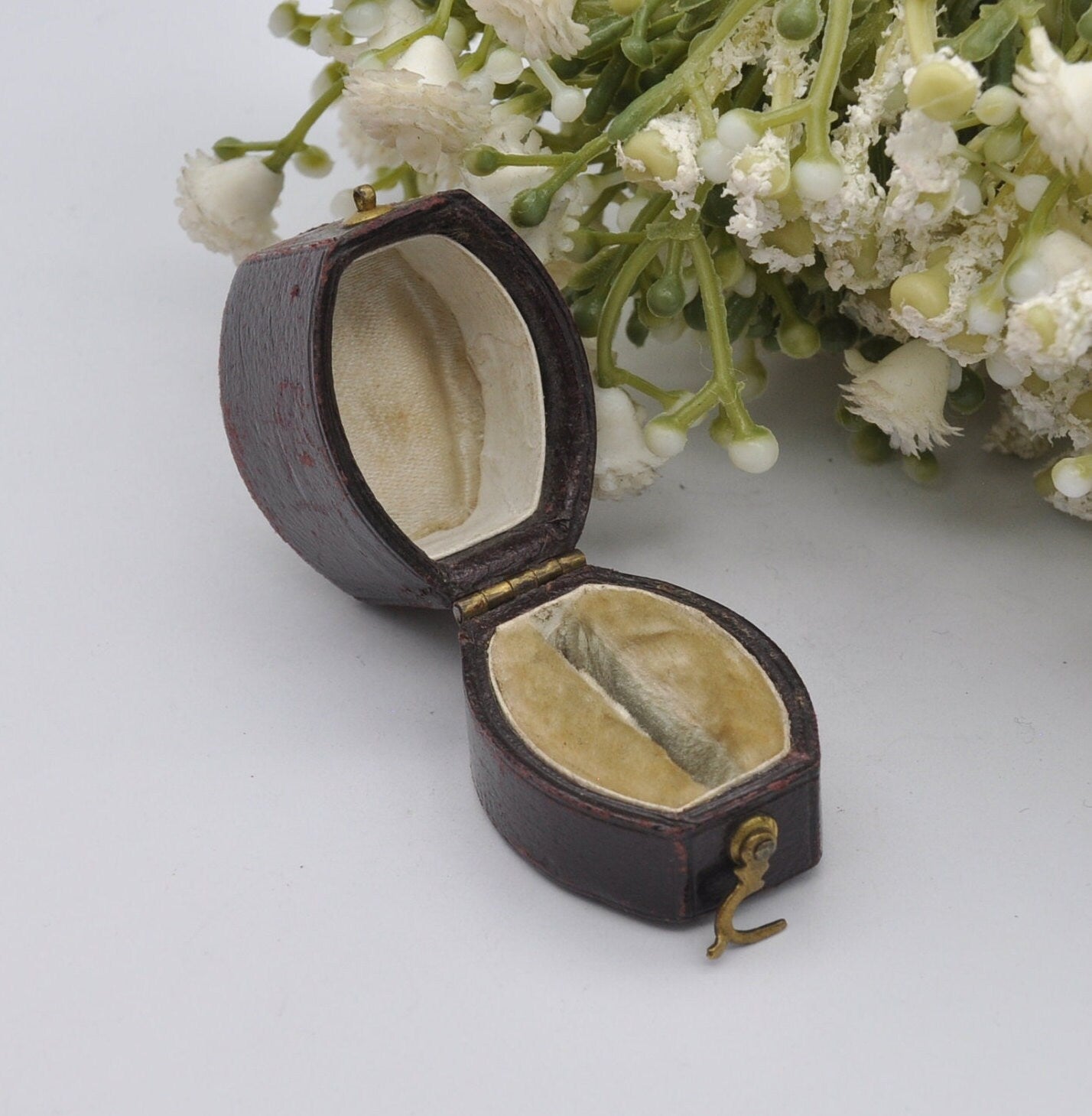 Antique Victorian Burgundy Leather Ring Box with Clasp Front - Squared Oval Shape | Silk and Velvet Lined