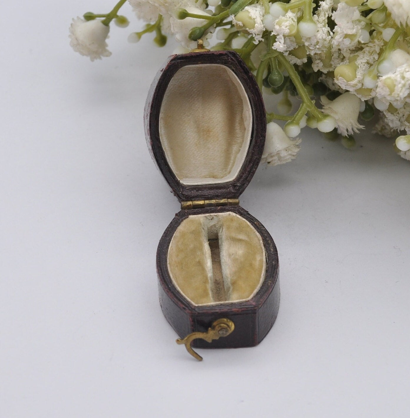Antique Victorian Burgundy Leather Ring Box with Clasp Front - Squared Oval Shape | Silk and Velvet Lined