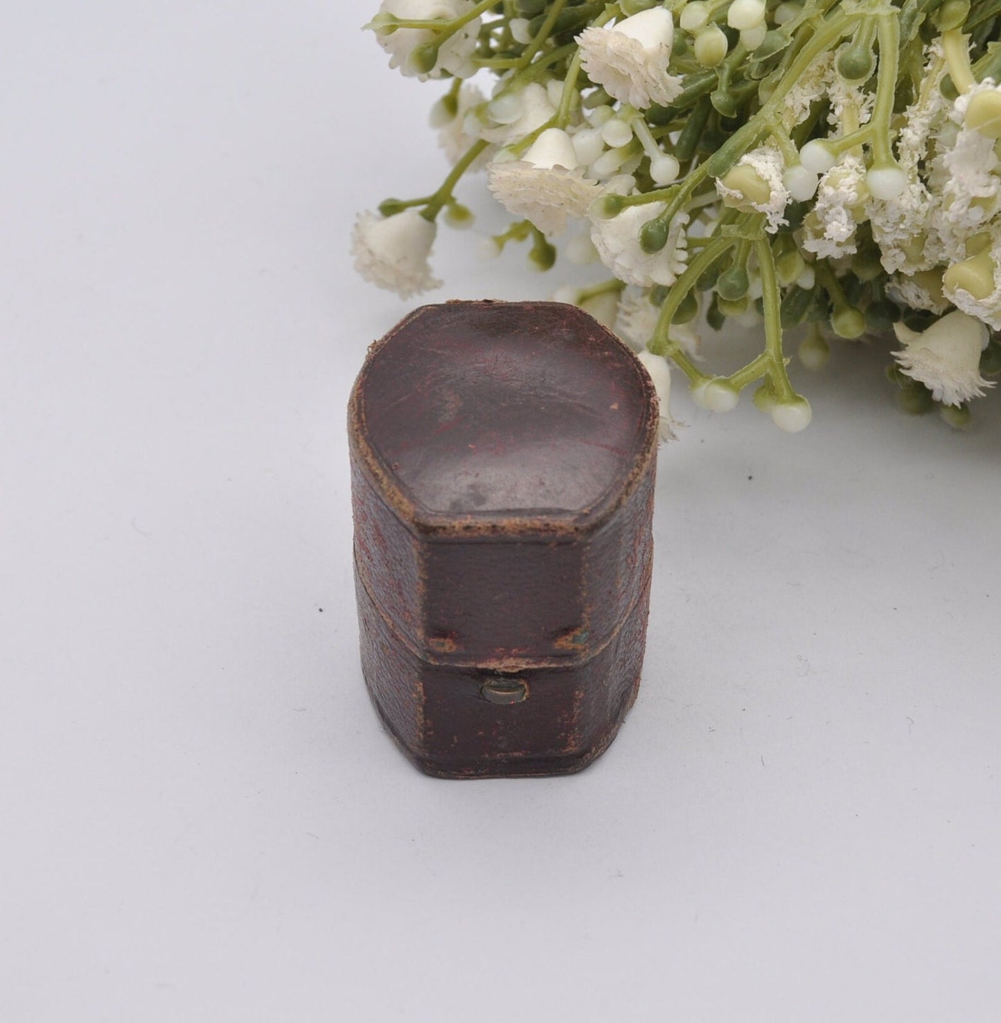 Antique Burgundy Leather Ring Box with Button Front - Squared Oval | John J Perry Nottingham | Silk and Velvet Lined