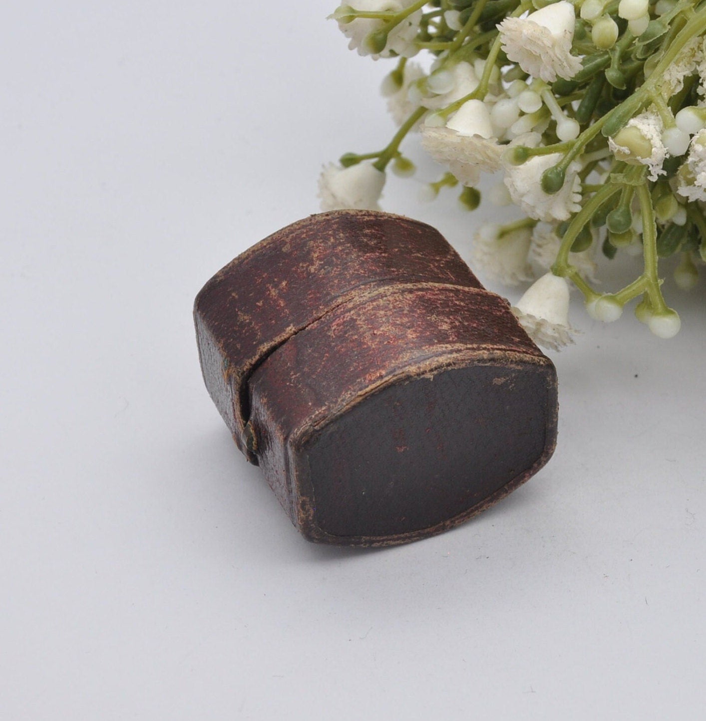 Antique Burgundy Leather Ring Box with Button Front - Squared Oval | John J Perry Nottingham | Silk and Velvet Lined