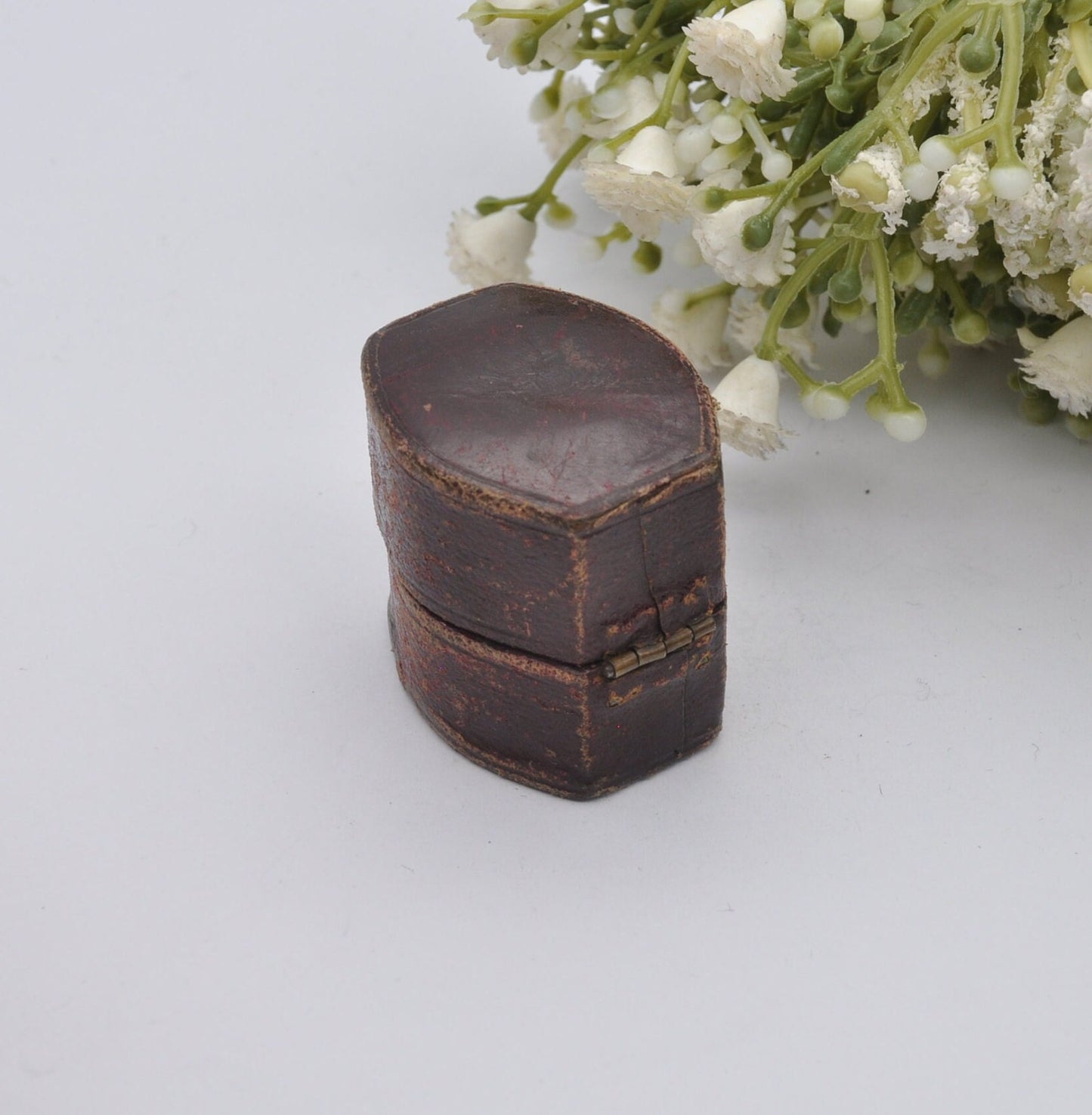 Antique Burgundy Leather Ring Box with Button Front - Squared Oval | John J Perry Nottingham | Silk and Velvet Lined