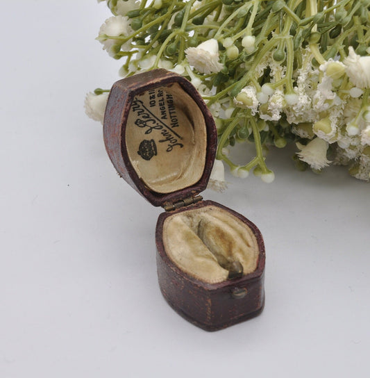 Antique Burgundy Leather Ring Box with Button Front - Squared Oval | John J Perry Nottingham | Silk and Velvet Lined