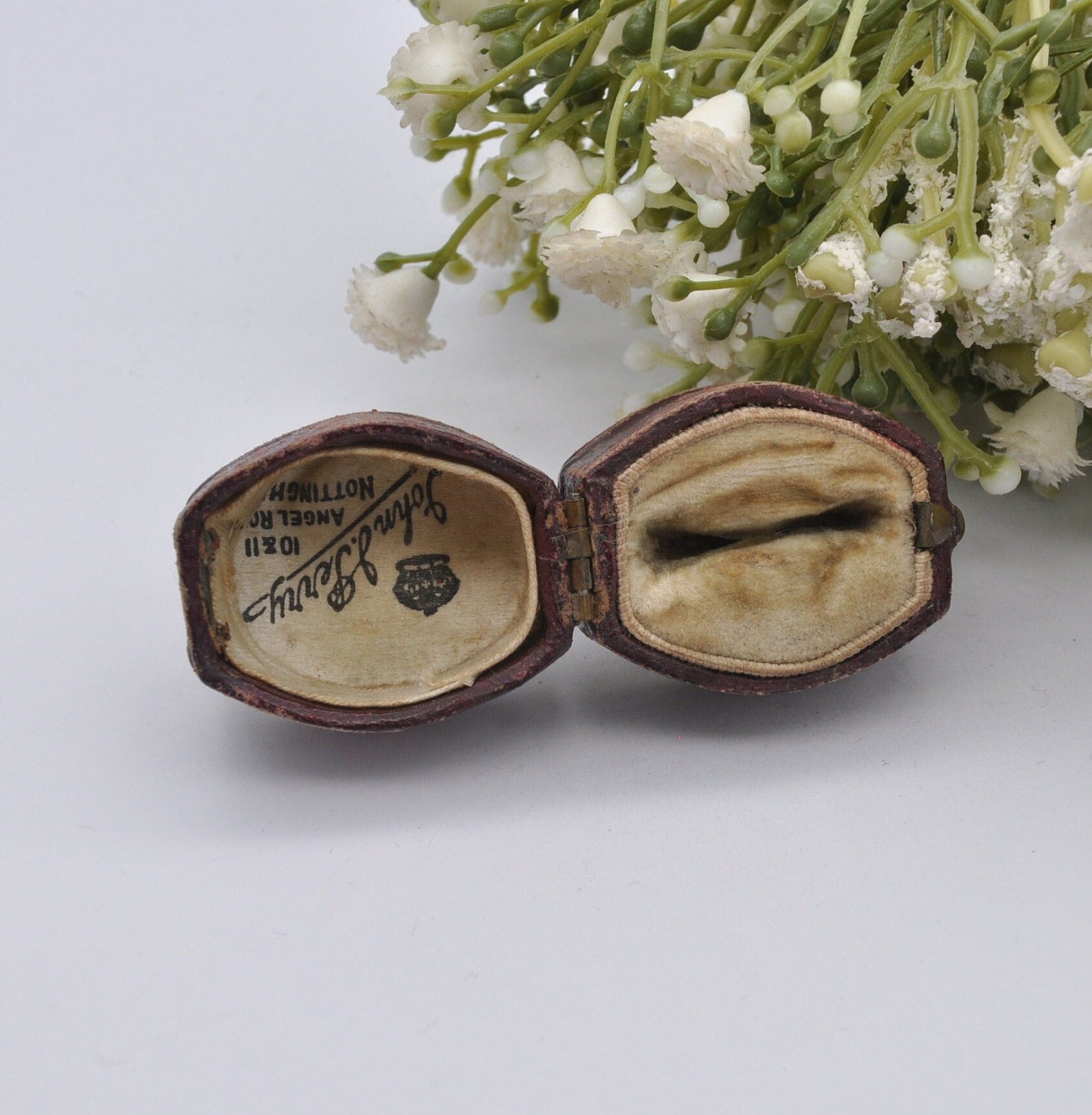 Antique Burgundy Leather Ring Box with Button Front - Squared Oval | John J Perry Nottingham | Silk and Velvet Lined