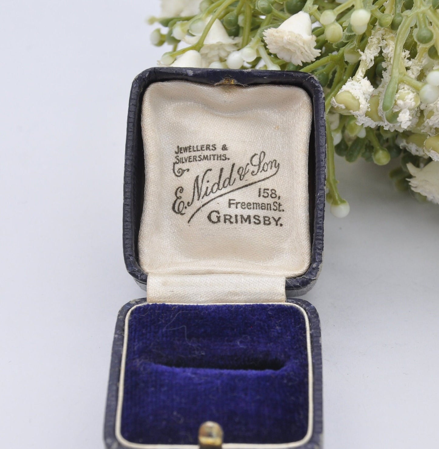 Vintage Blue Leather Ring Box - E Nidd & Son Grimsby Jewellers | Silk and Velvet Lined