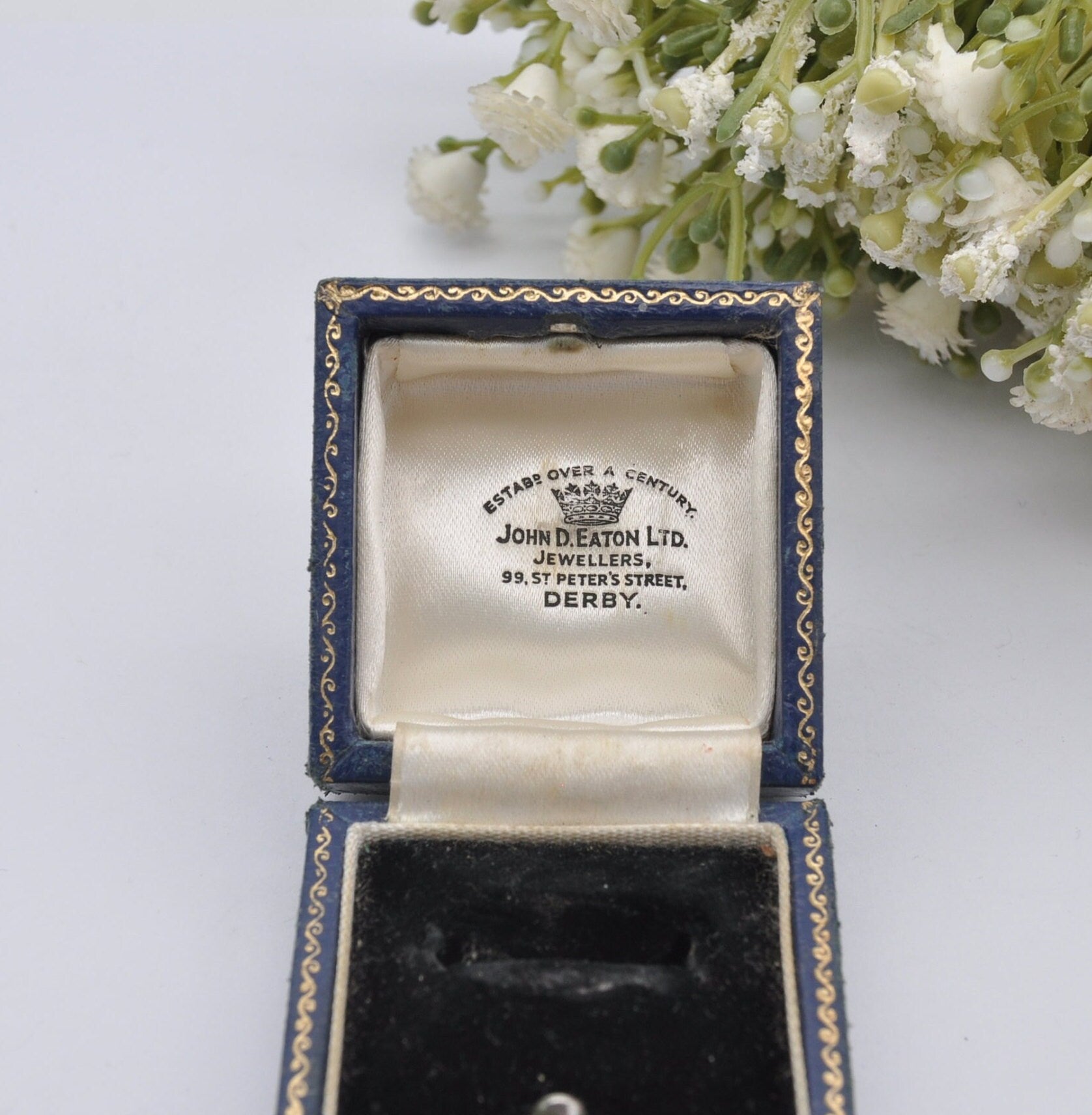 Vintage Blue Leather Ring Box with Gold Tooling - John D. Eaton Jewellers Derby | Silk and Velvet Lined