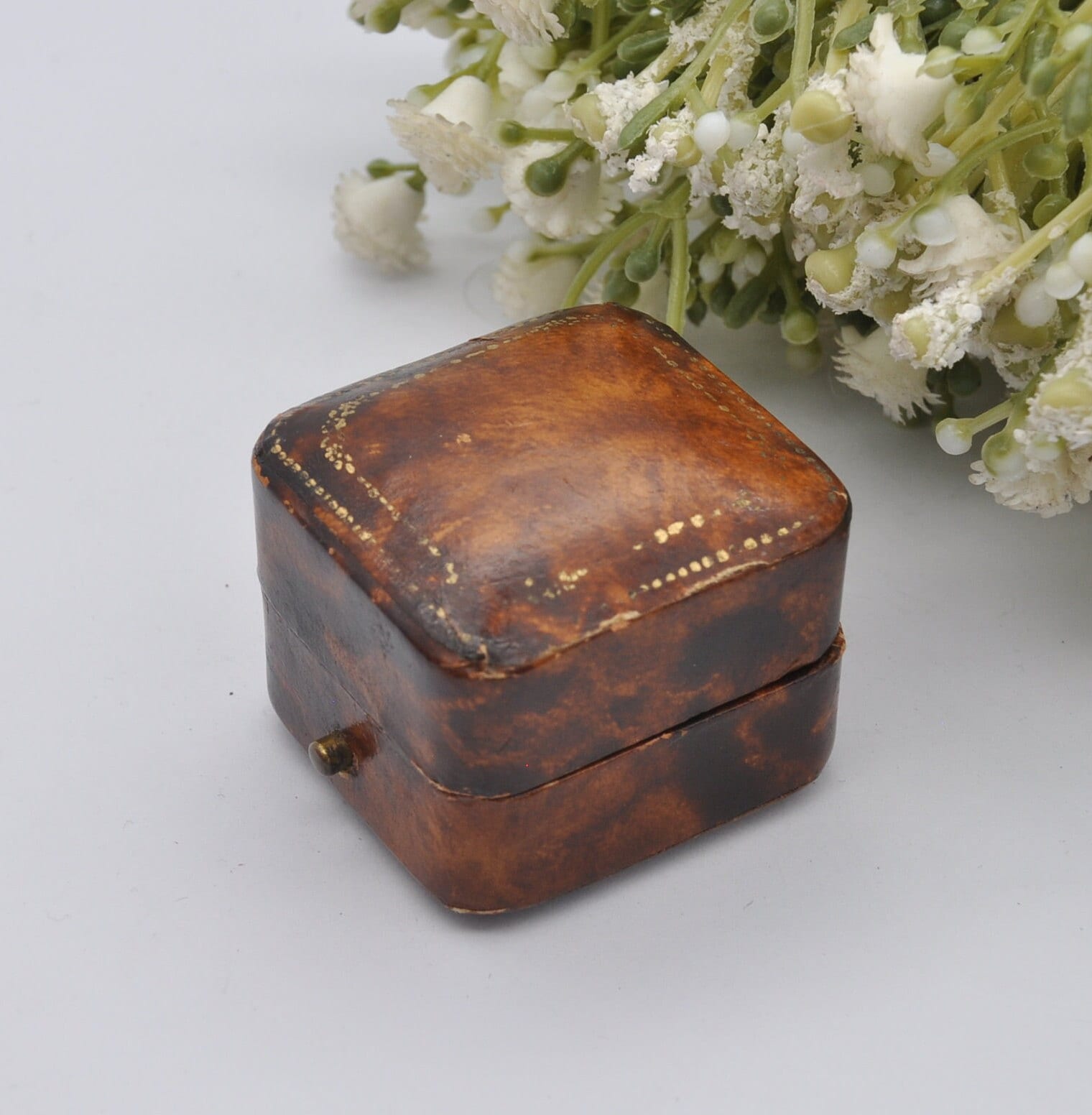Antique Ring Box with Gold Tooling - W. Wright Jewellers | Faux Tortoise Shell Effect | Silk and Velvet Lined