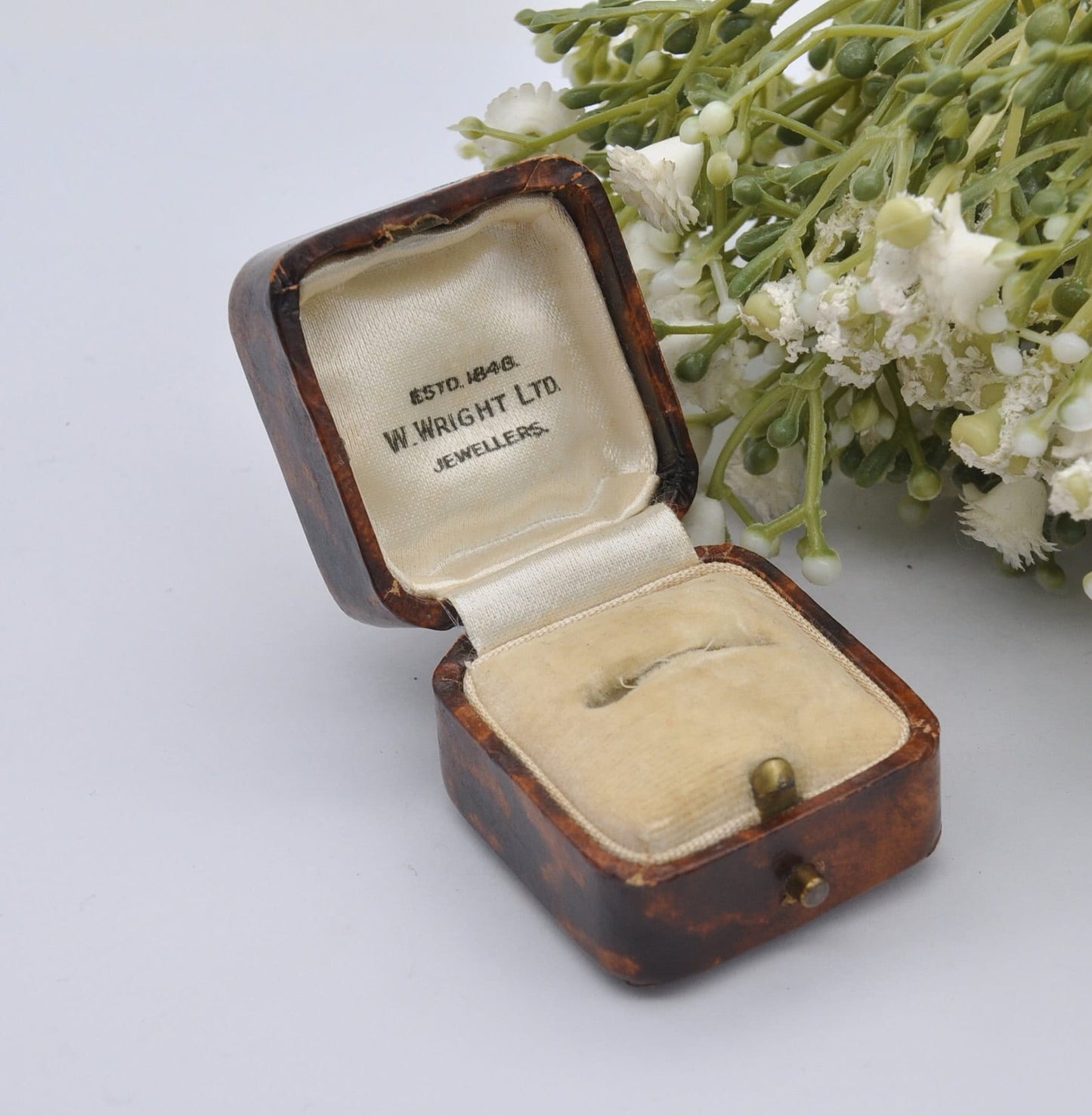 Antique Ring Box with Gold Tooling - W. Wright Jewellers | Faux Tortoise Shell Effect | Silk and Velvet Lined
