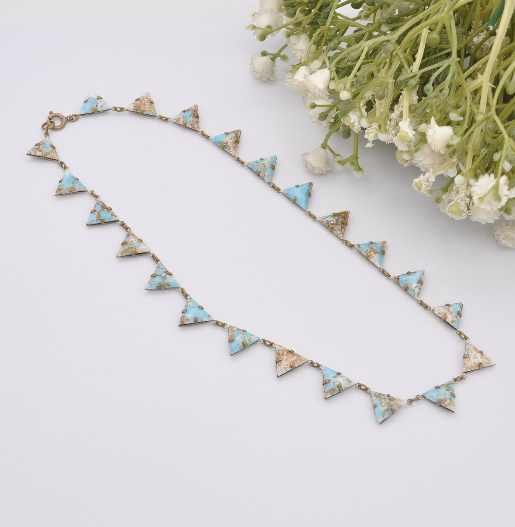 Antique Peking Glass Collar Choker Necklace - Light Blue Gold Glitter | Unusual Kitsch Jewellery | Unusual Triangle Panel Shape | 15" 38.5cm