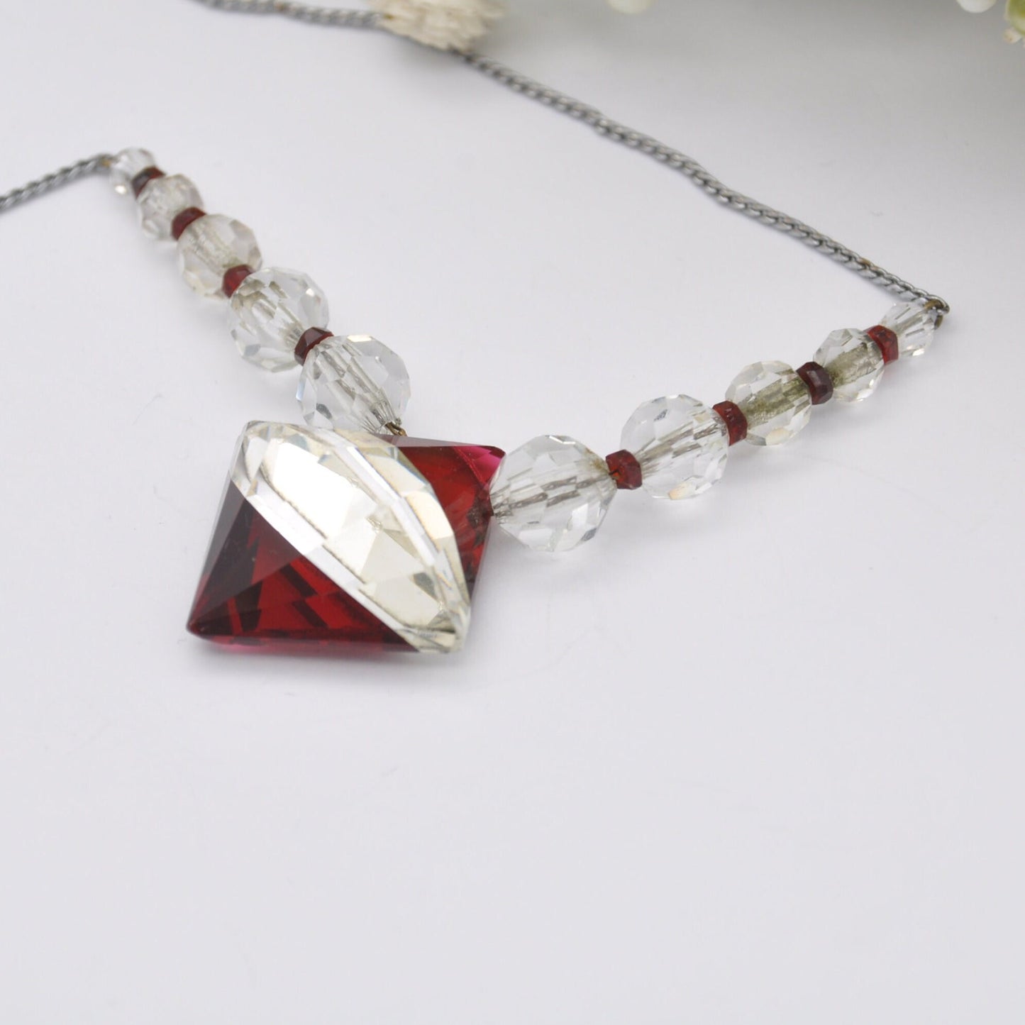 Vintage Art Deco Glass Necklace with Red and Clear Sparkly Glass