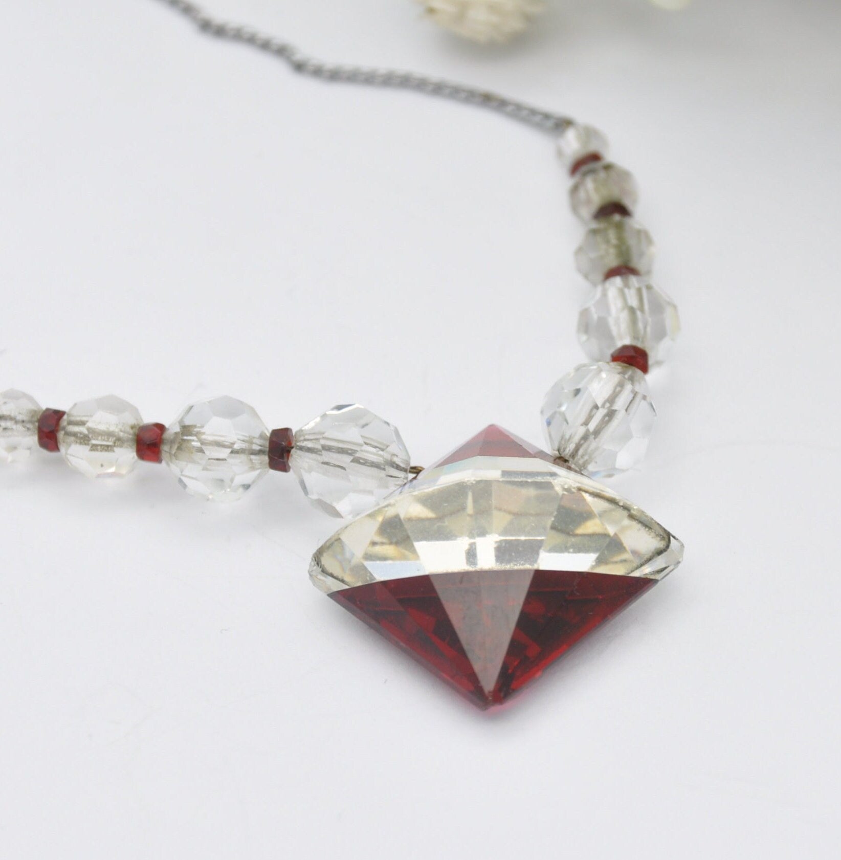 Vintage Art Deco Glass Necklace with Red and Clear Sparkly Glass