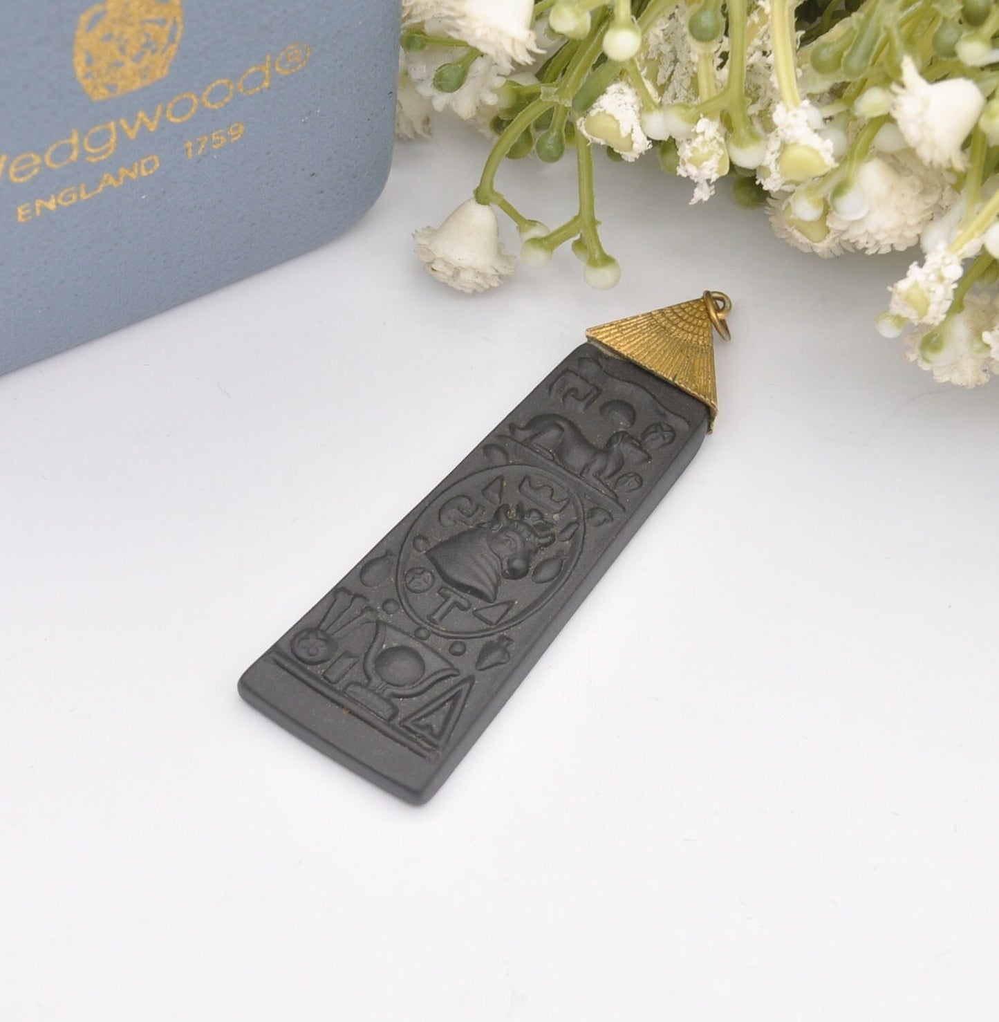 Vintage Wedgwood Egyptian Cartouche Black Jasperware Pendant in Box - Egyptian Hieroglyphics | Apis Bull God