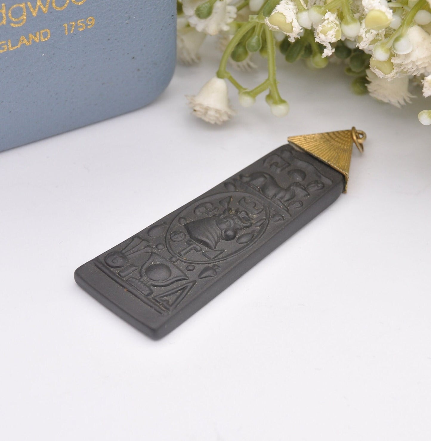 Vintage Wedgwood Egyptian Cartouche Black Jasperware Pendant in Box - Egyptian Hieroglyphics | Apis Bull God